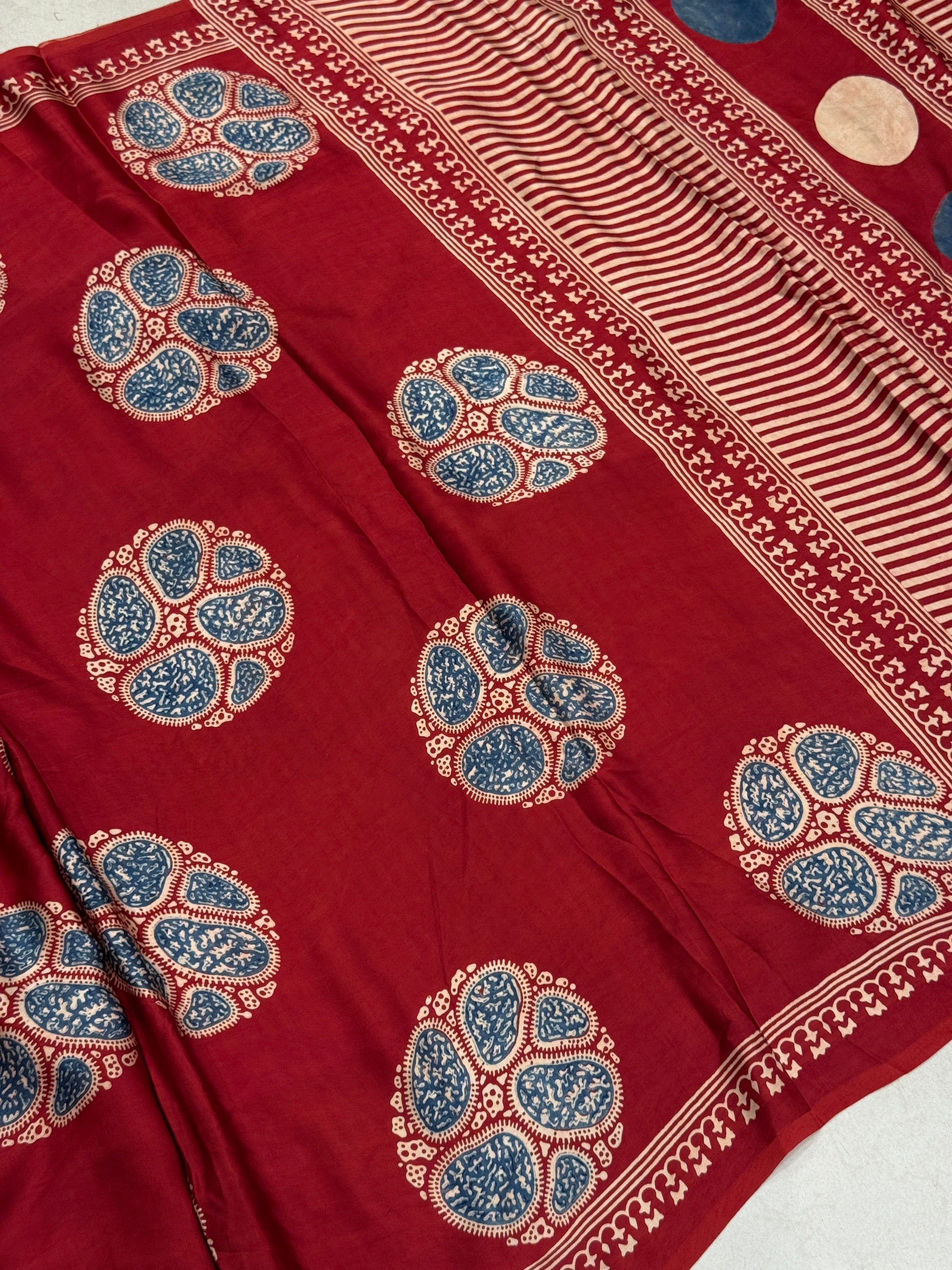 Red Ajrakh Blue Butta Hand Block Print Pure Gajji Silk Saree