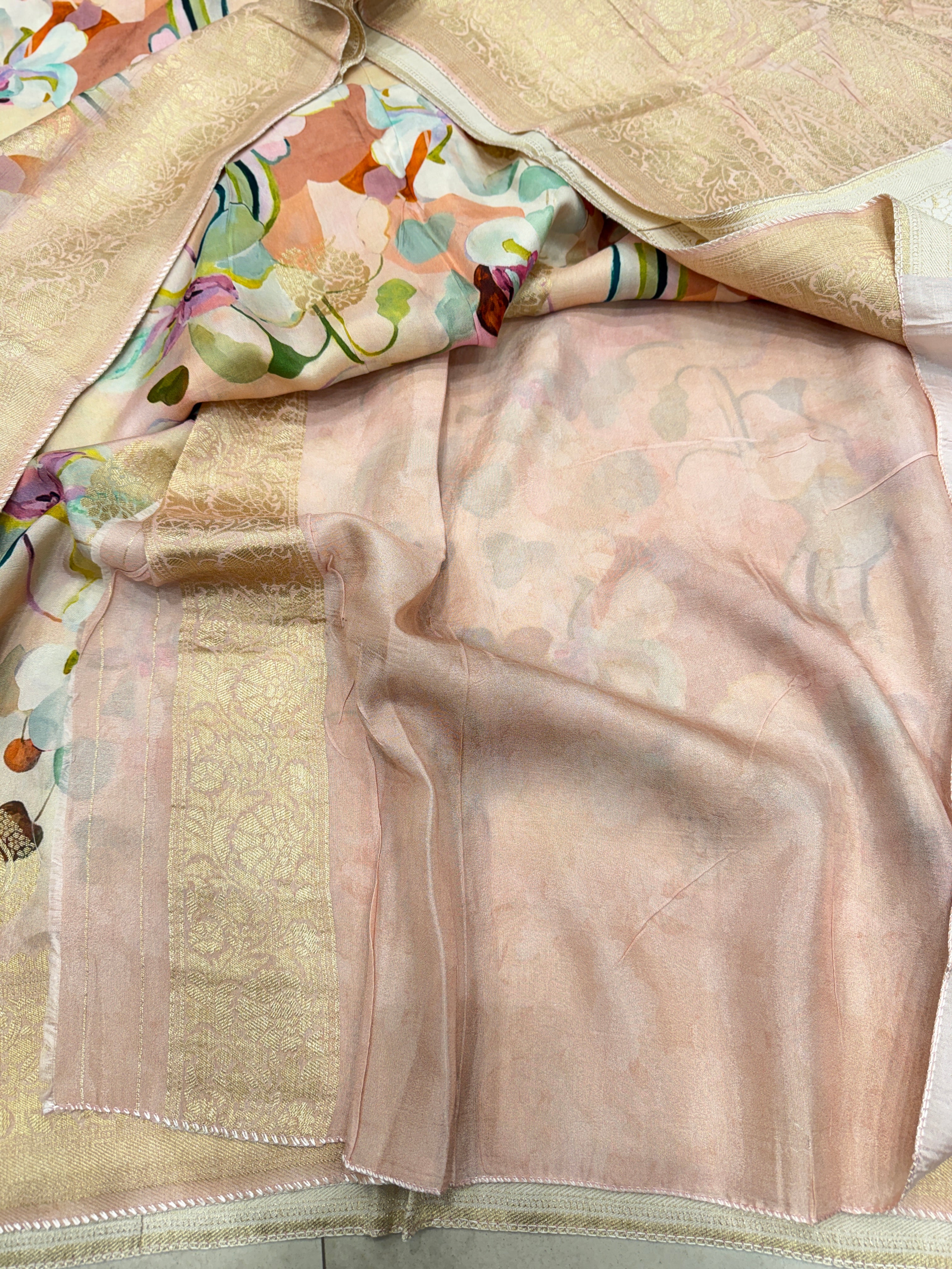 Pink Floral Multi Colour Print Munga Soft Silk Saree