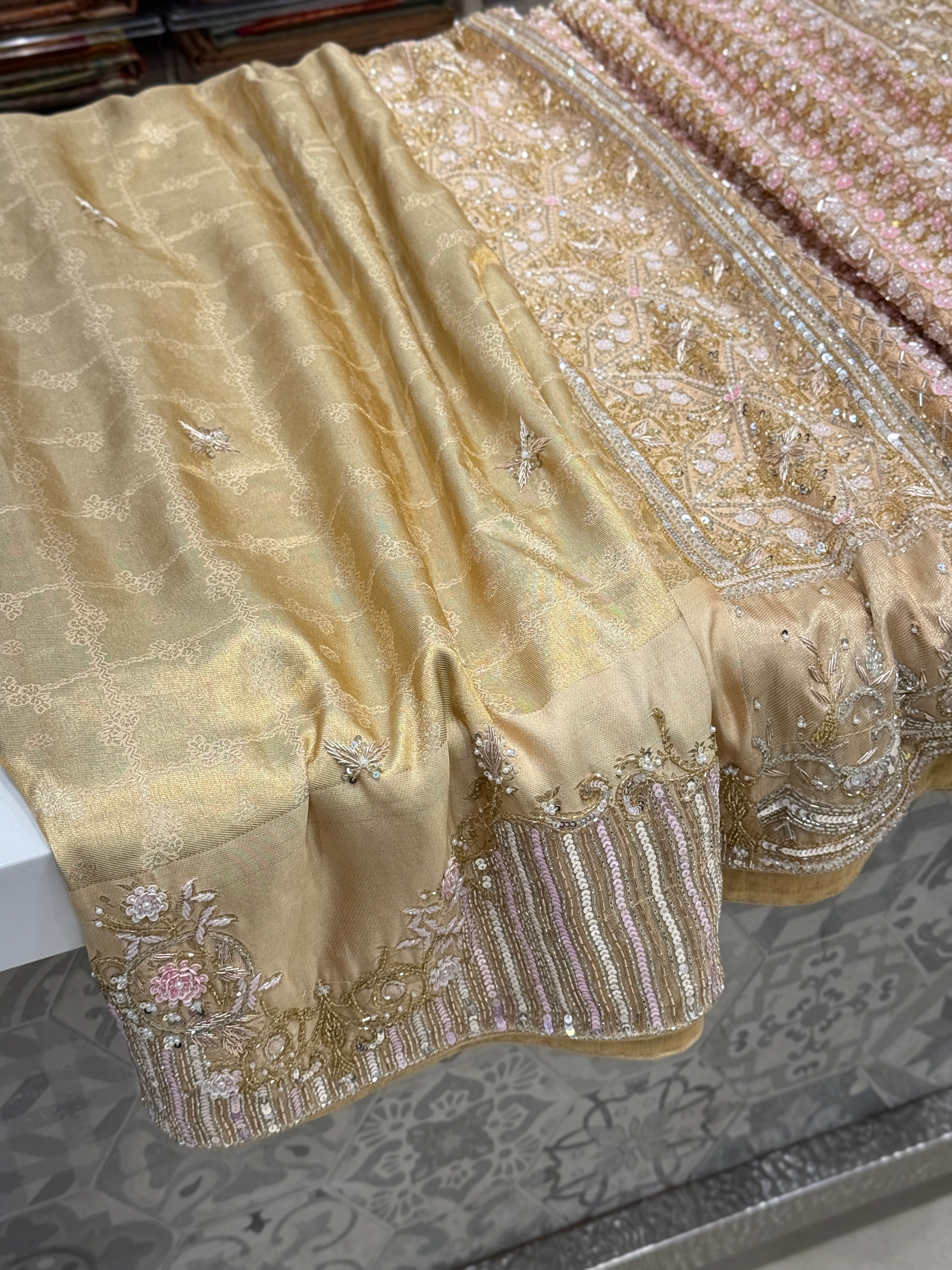 Light Gold Tissue Check Kanjivaram Hand Embroidery Saree