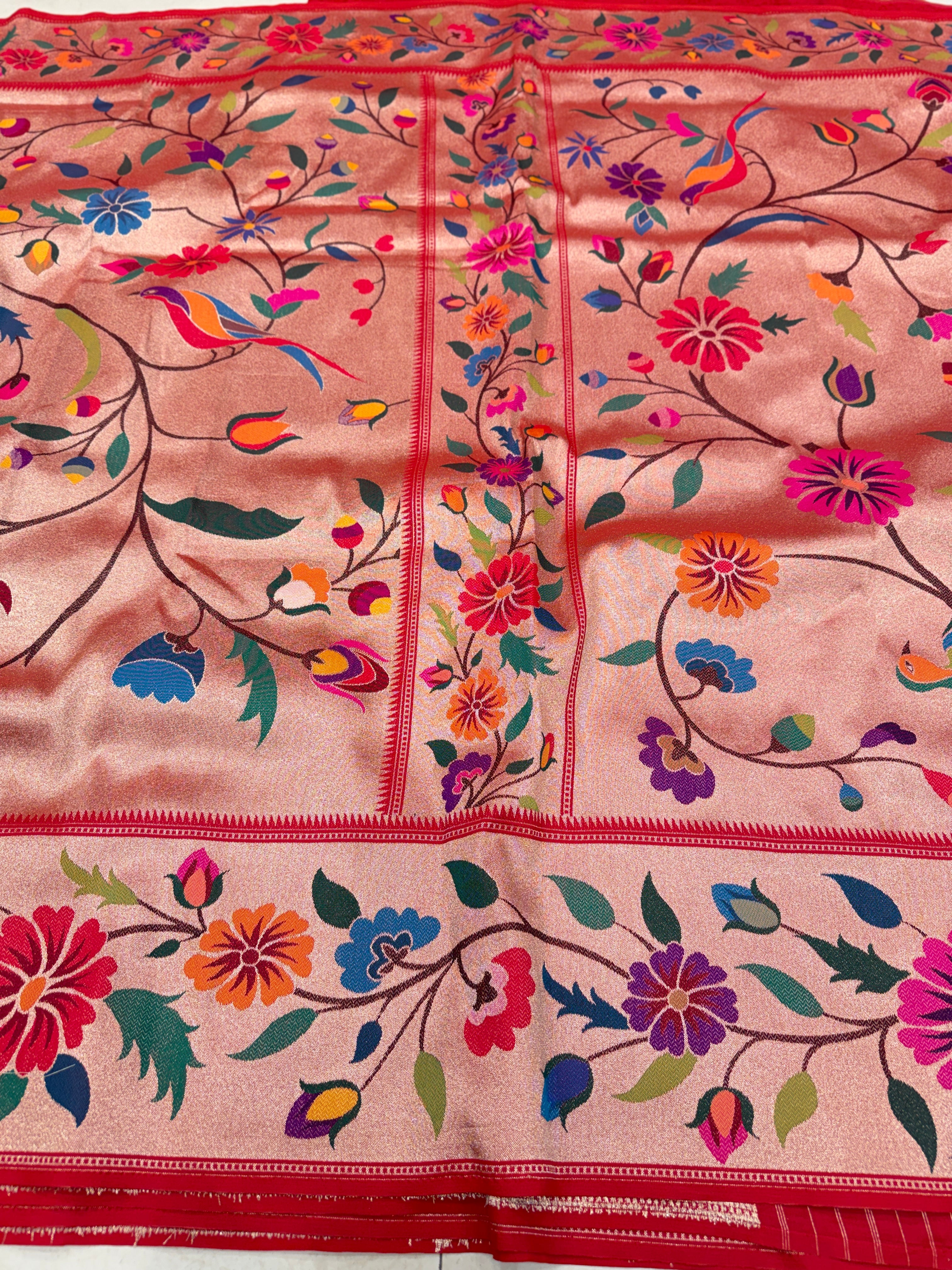 Golden Red Tissue Silk Paithani Meenakari Jaal Saree