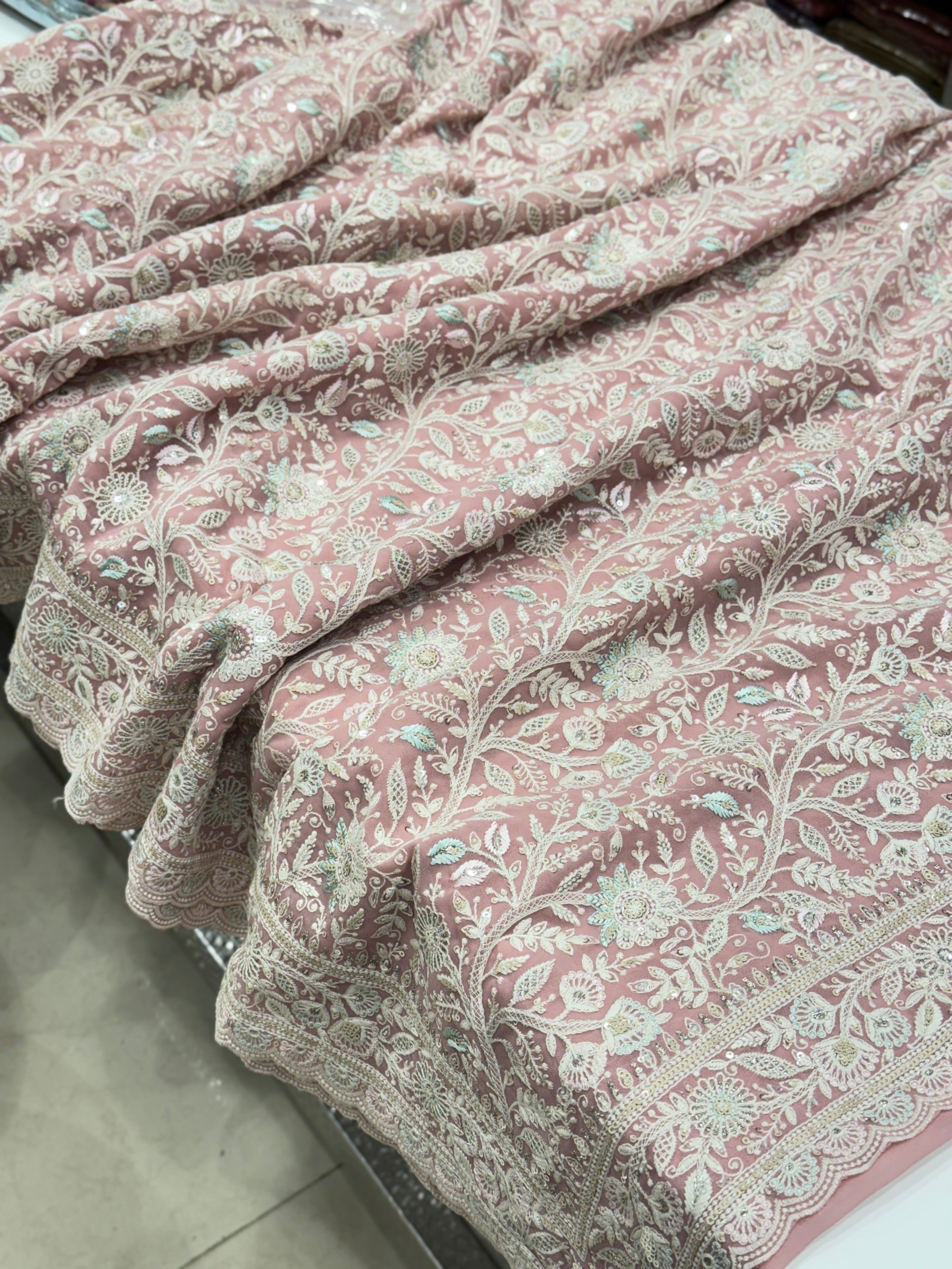 Pink Meenakari Chikankari Scallop Design Saree
