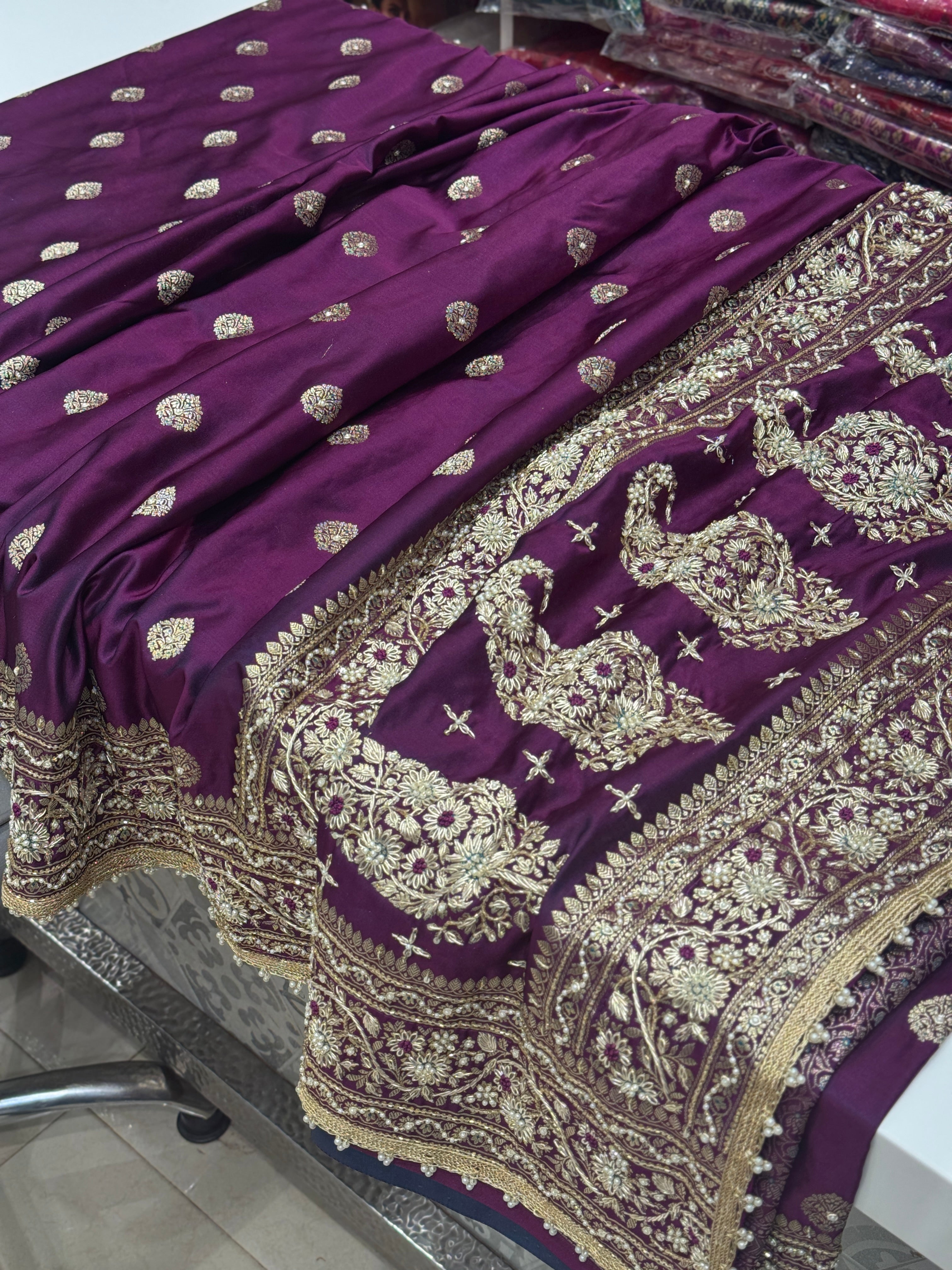Violet Banarasi Silk Butta Hand Embroidery Saree