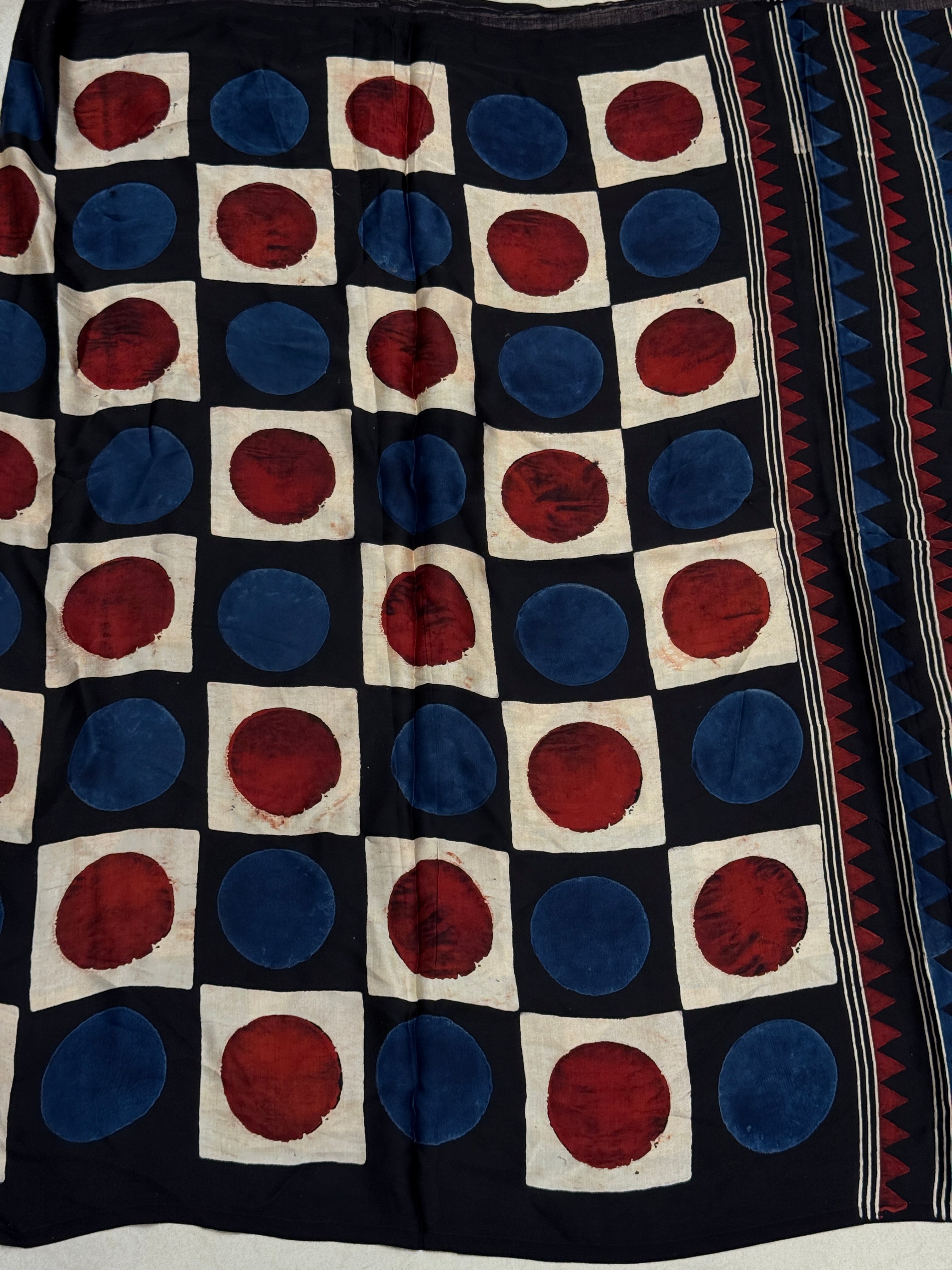 Black Red & Blue Checks Ajrakh Hand Block Print Pure Gajji Silk Saree