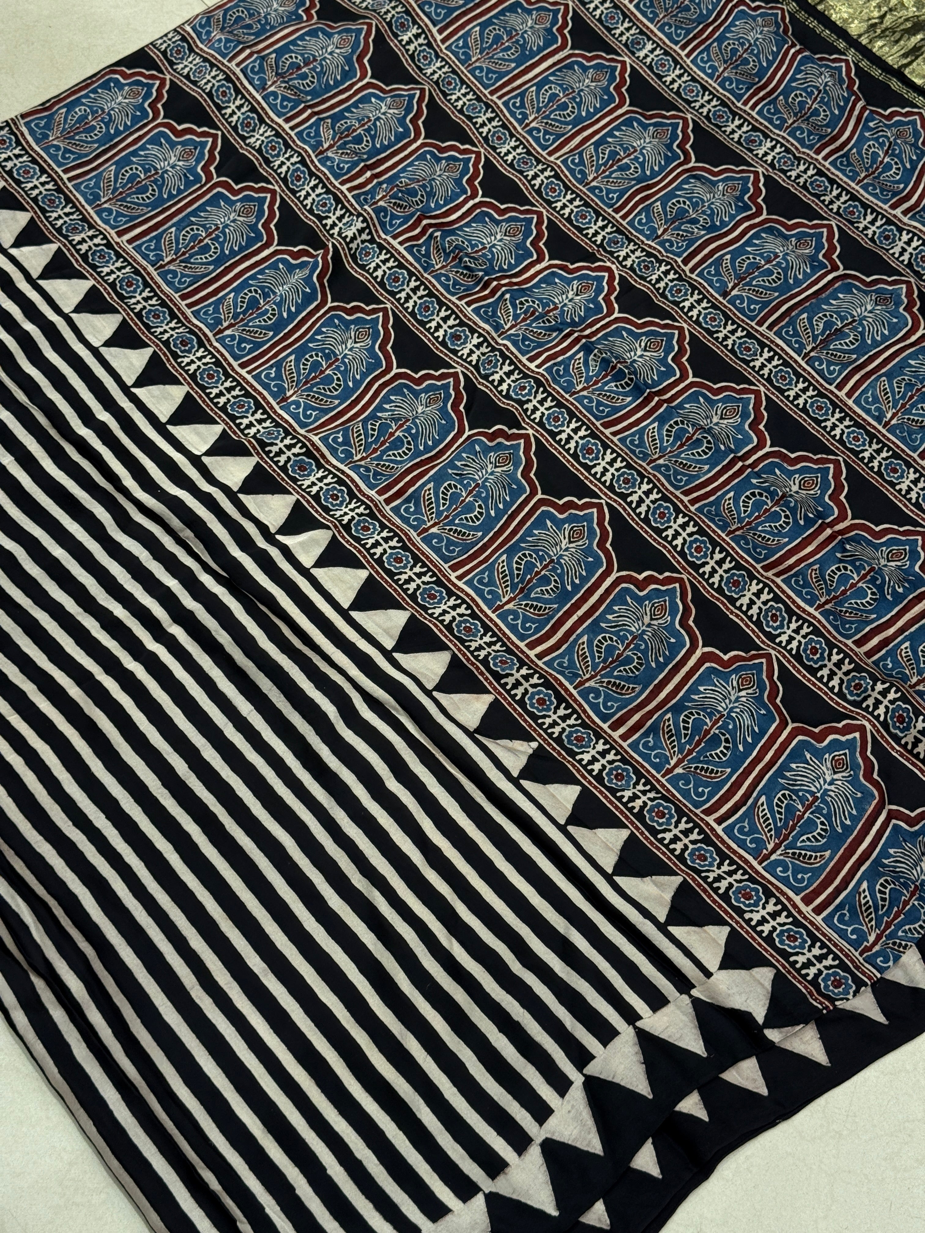 Black n White Lagdi Pata Ajrakh Hand Block Print Pure Gajji Silk Saree