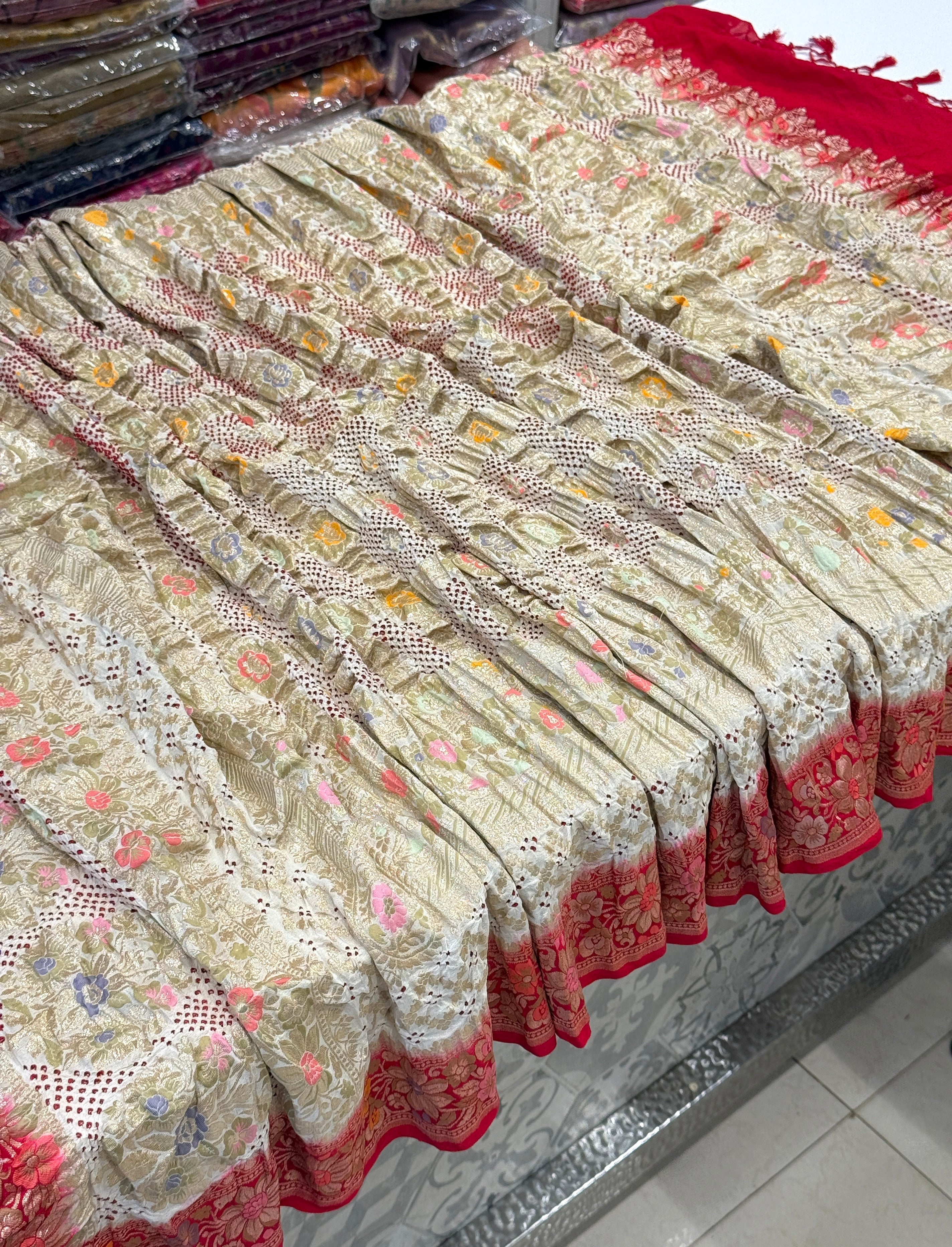 Beige Red Checks Meenakari Handloom Bandhej Dupatta