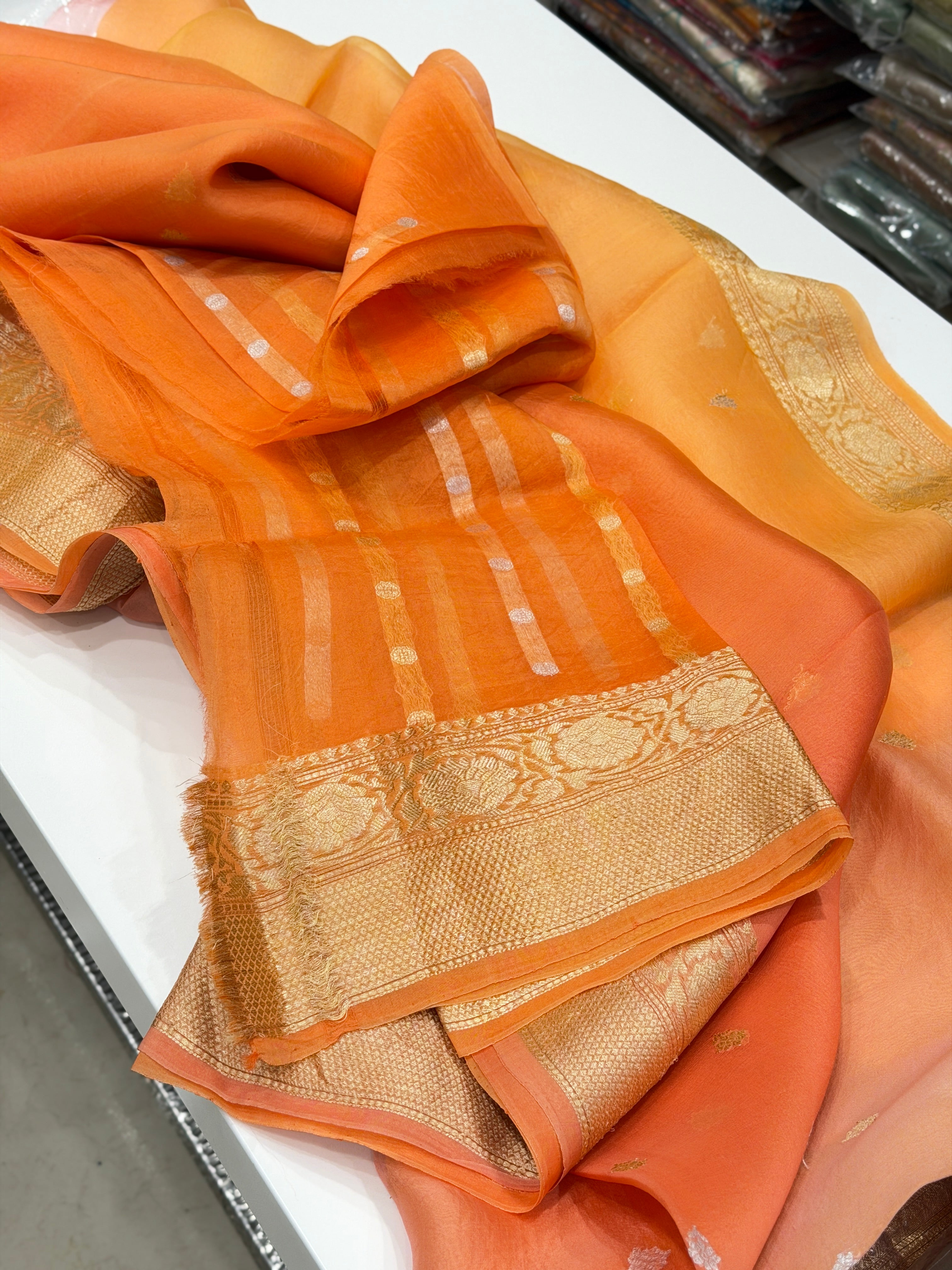 Orange Shaded Buttis Banarasi Handloom Kora Saree
