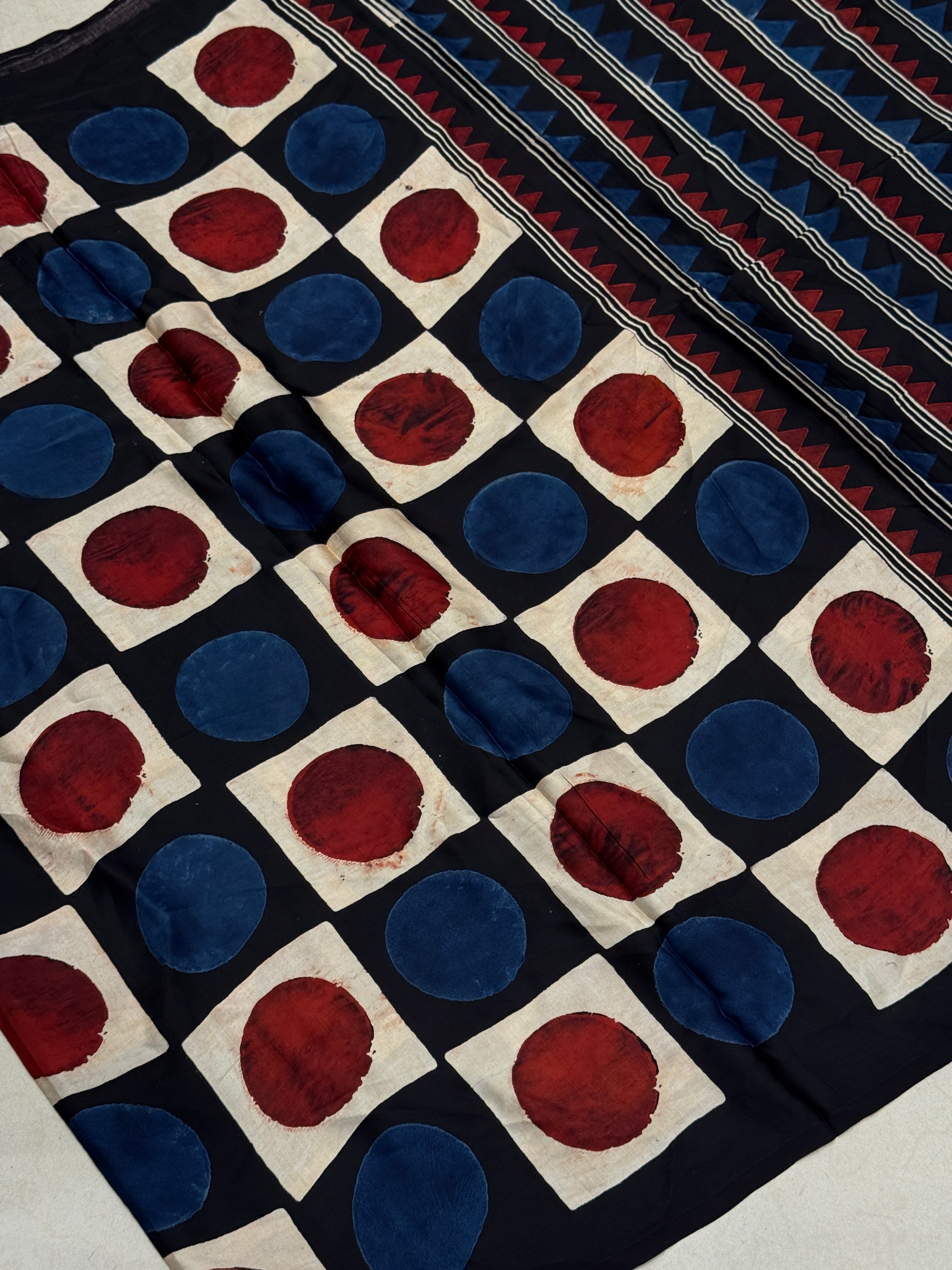 Black Red & Blue Checks Ajrakh Hand Block Print Pure Gajji Silk Saree