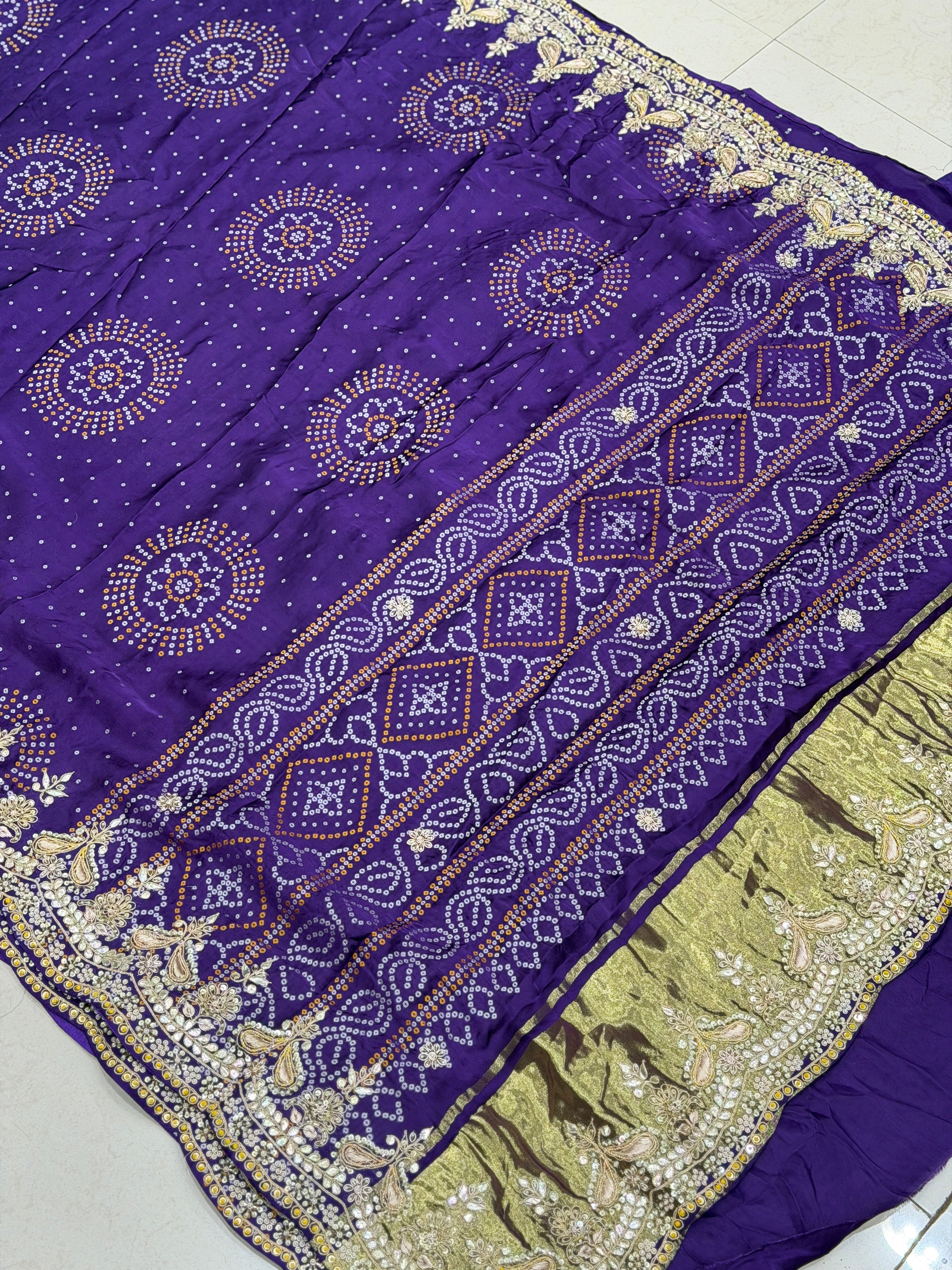 Violet Gajji Silk Woven Bandhej Zardosi Marodi Hand Embroidery Saree