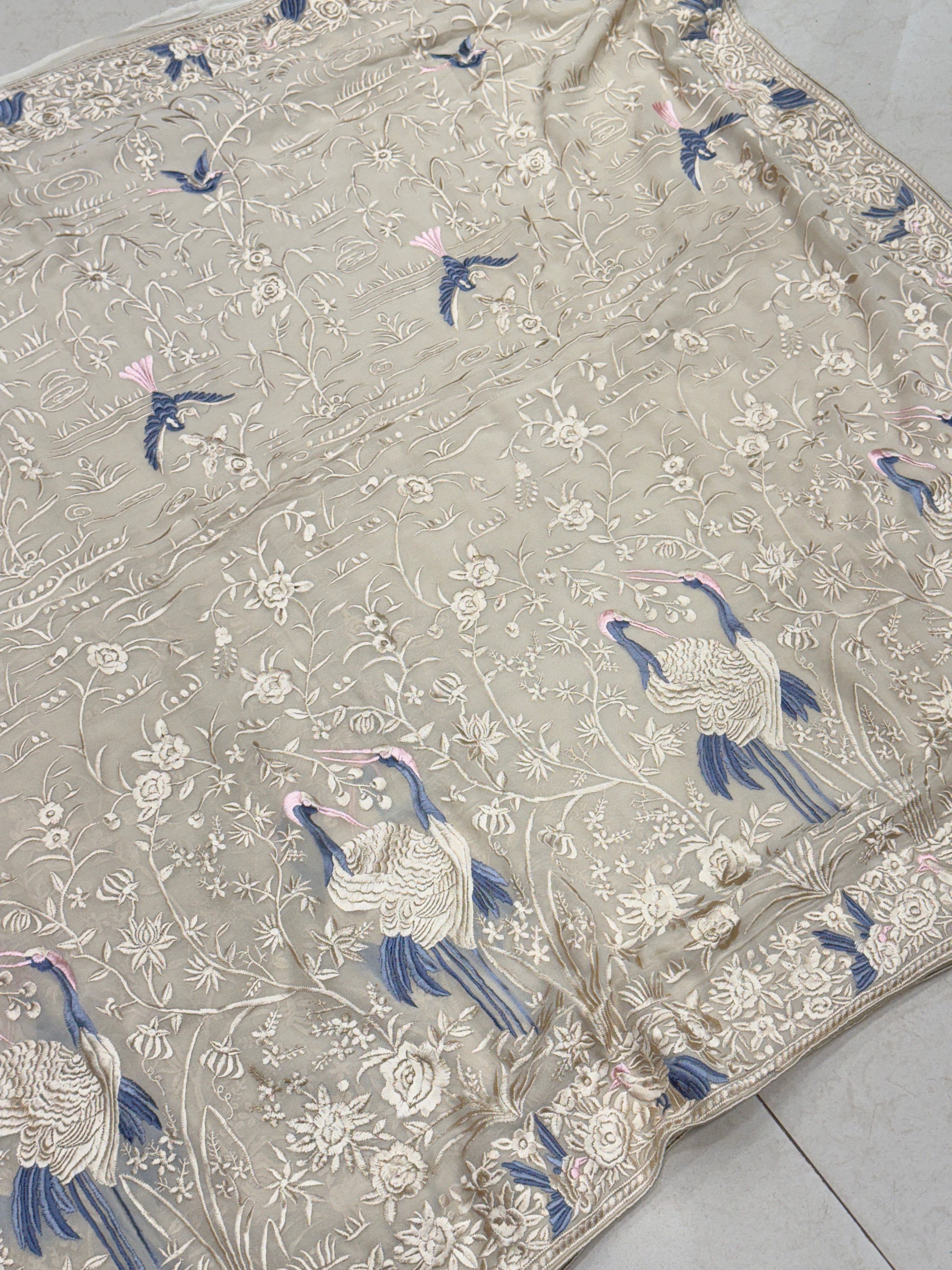 Beige Georgette Flamingo Parsi Gara Saree
