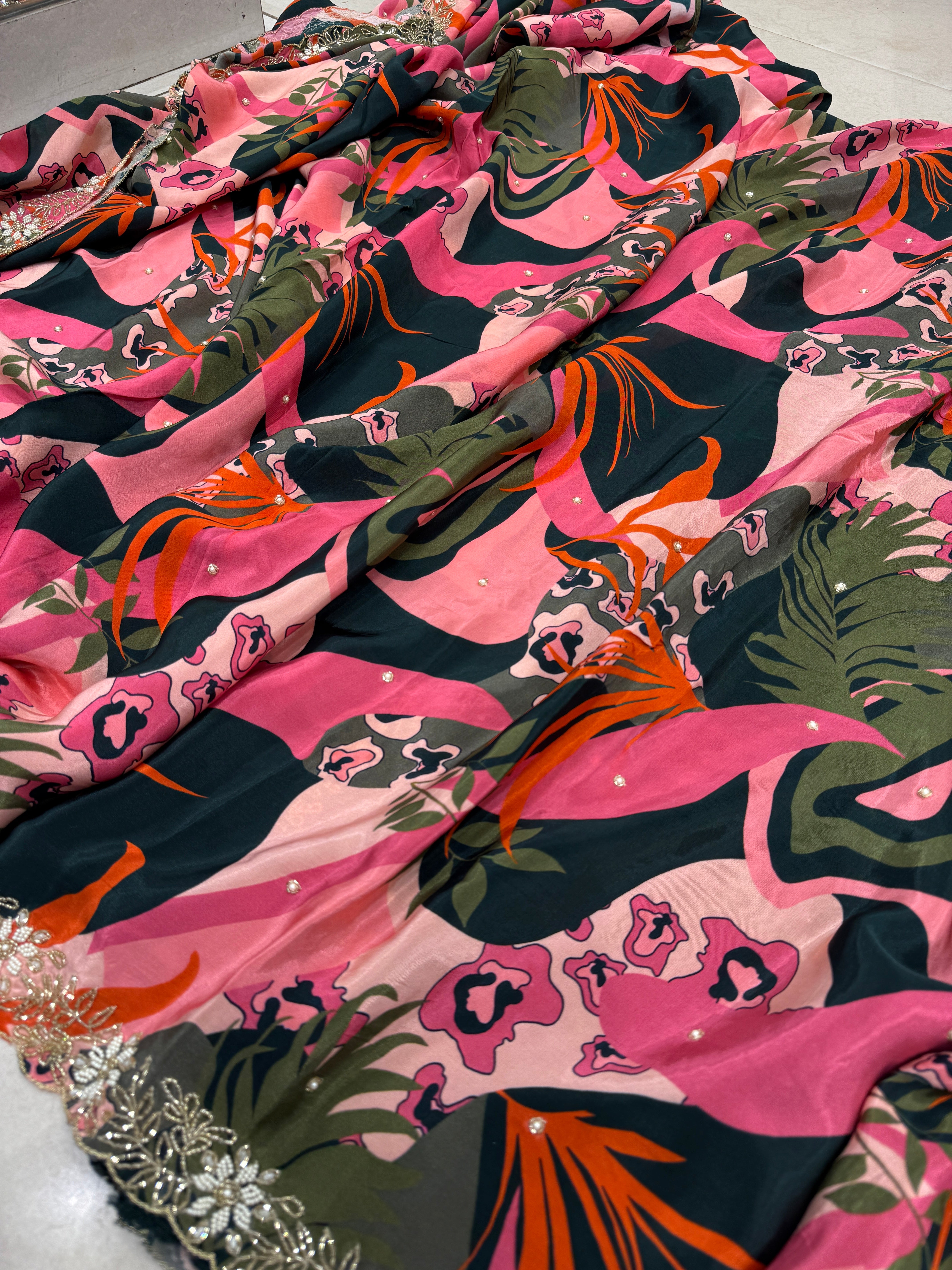 Bottle Green Floral Muslin Print Hand Embroidery Saree