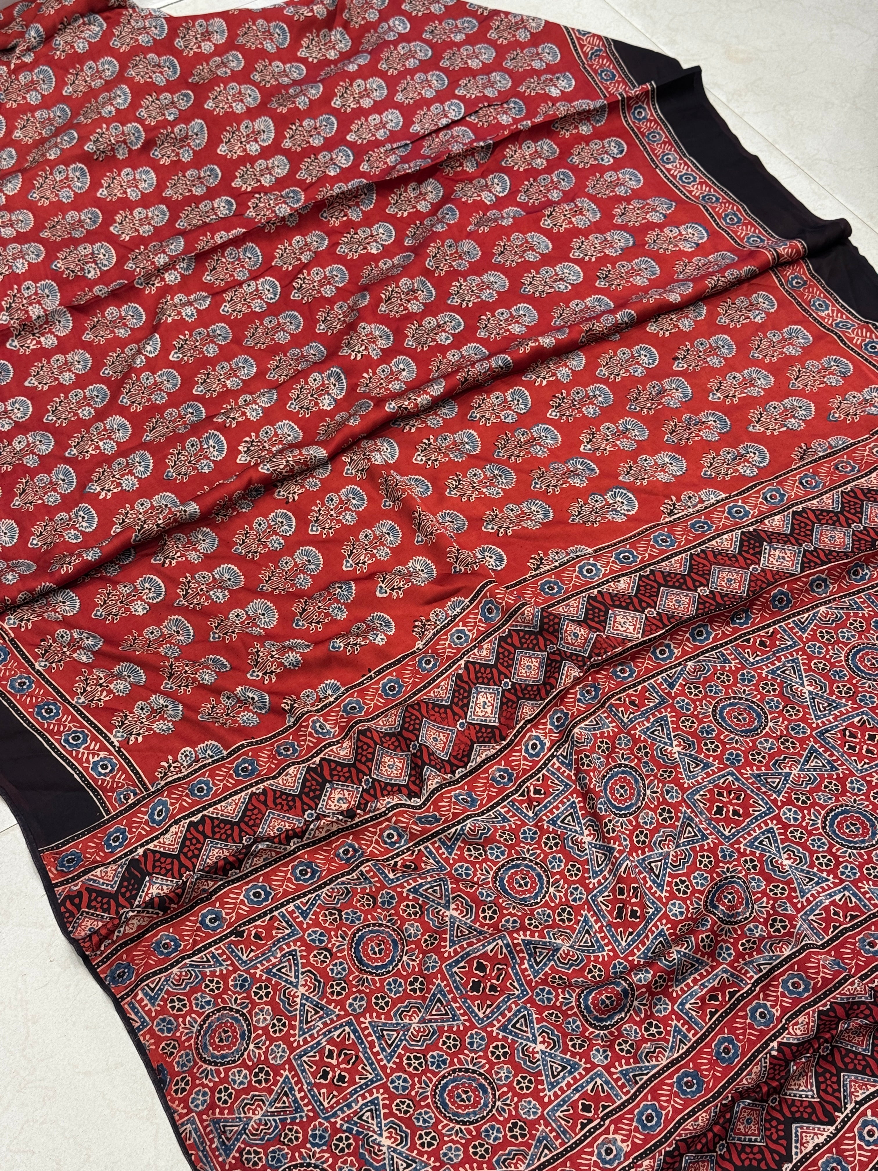 Red Floral Butta Ajrakh Hand Block Print Pure Gajji Silk Saree