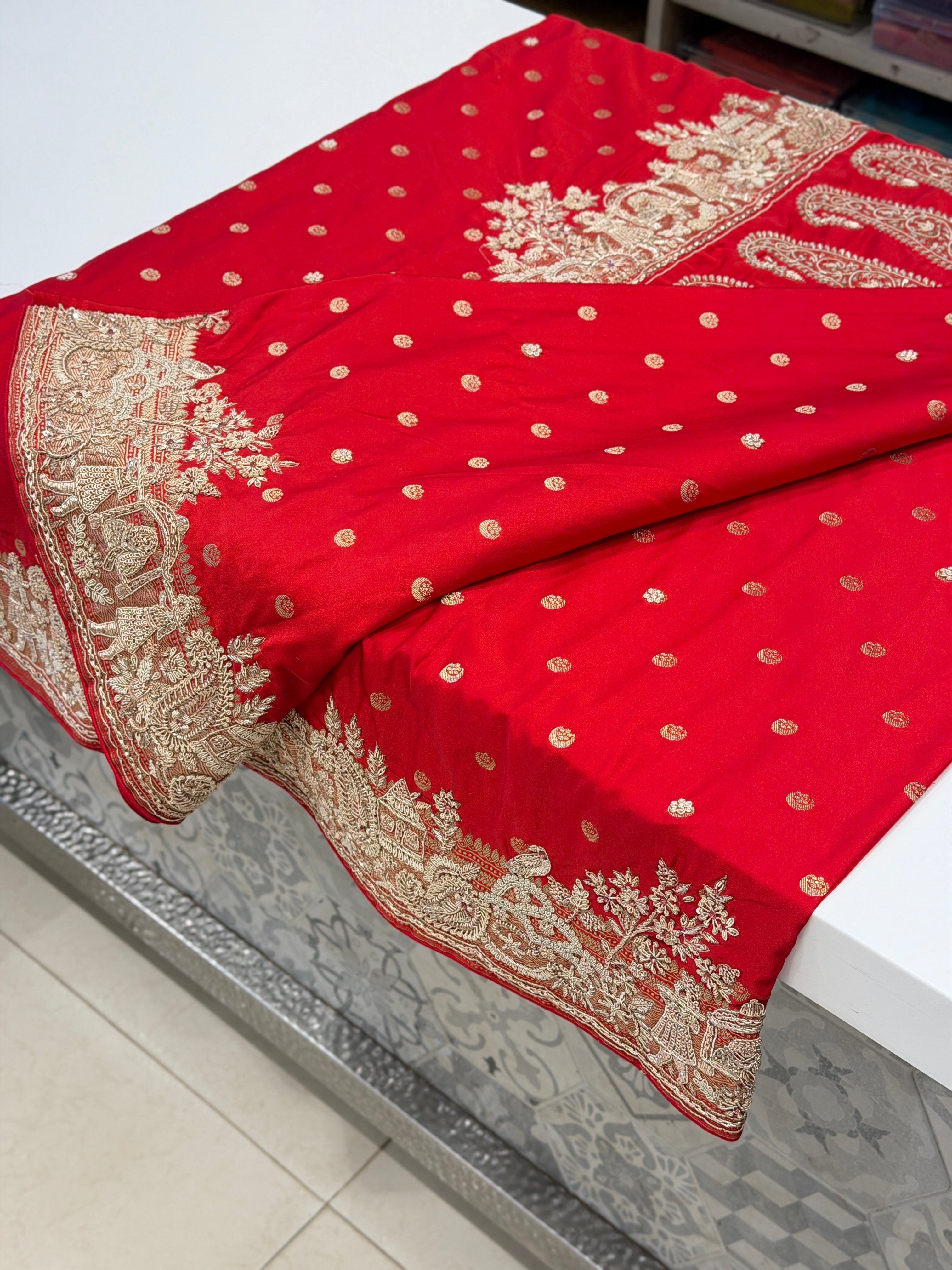Red Banarasi Chand Butti Zardosi Doli Edit Hand Embroidery Saree