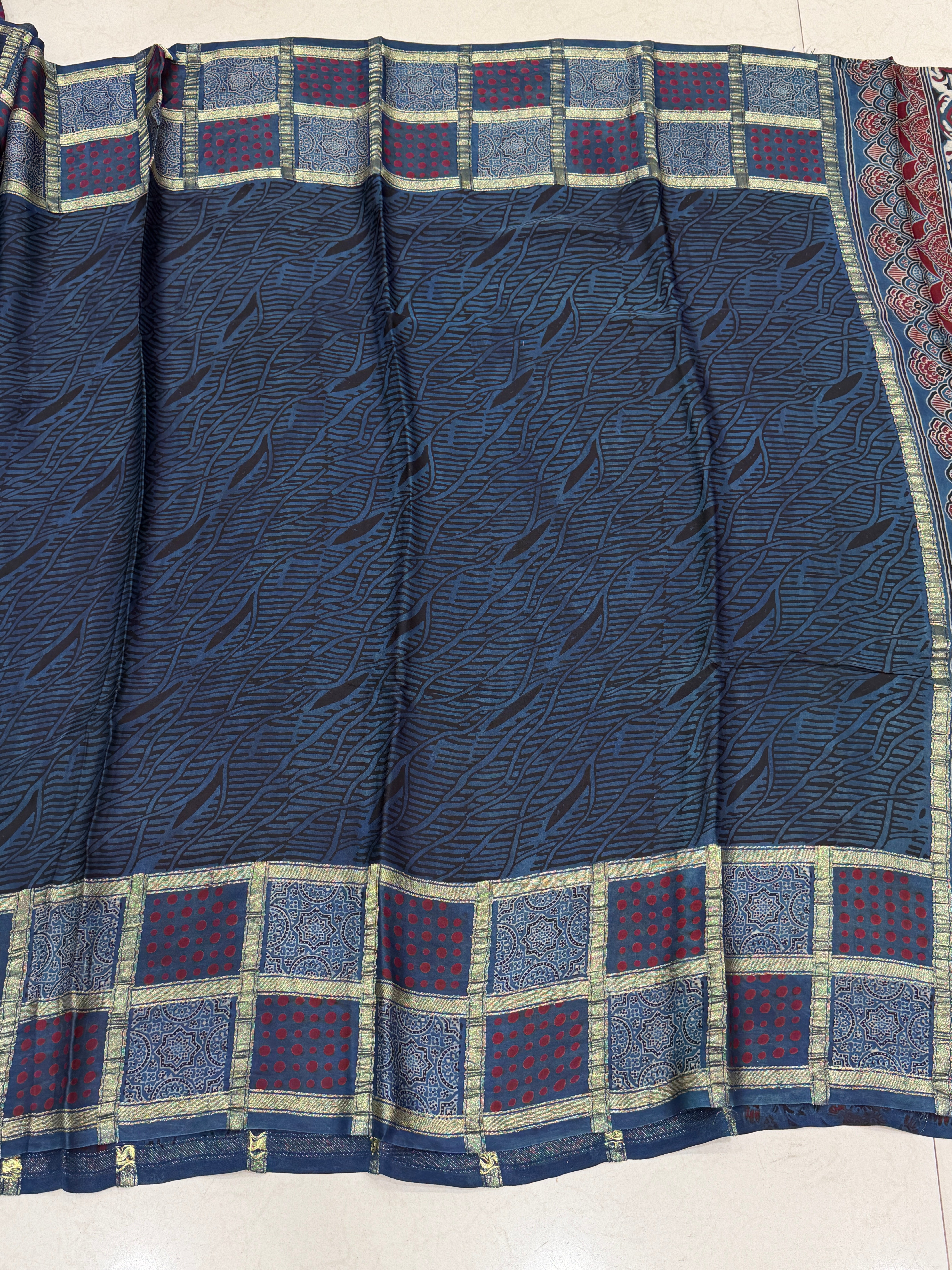 Blue Checks Red Dotts Lagdipatta Ajrakh Hand Block Print Pure Modal Silk Saree