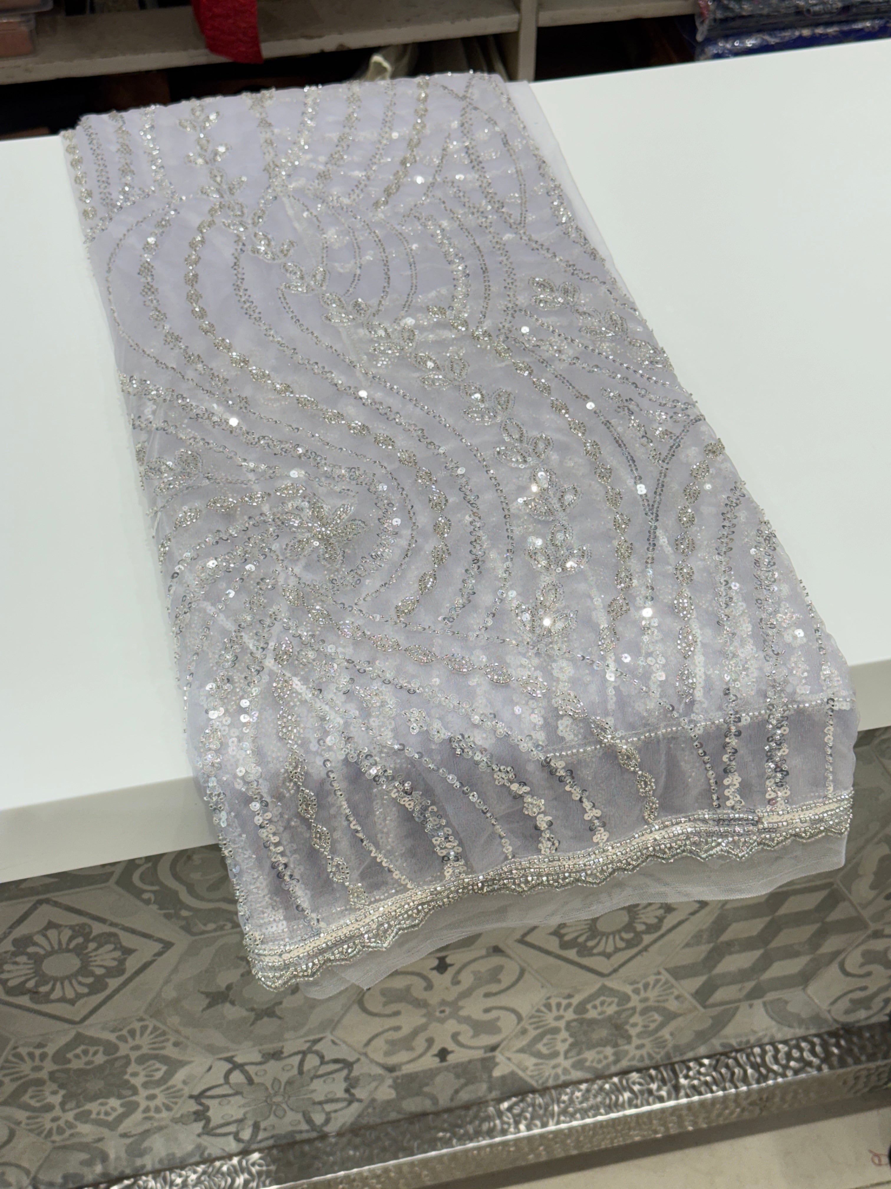 Lilac Soft Net Sequin Moti Embroidery Saree