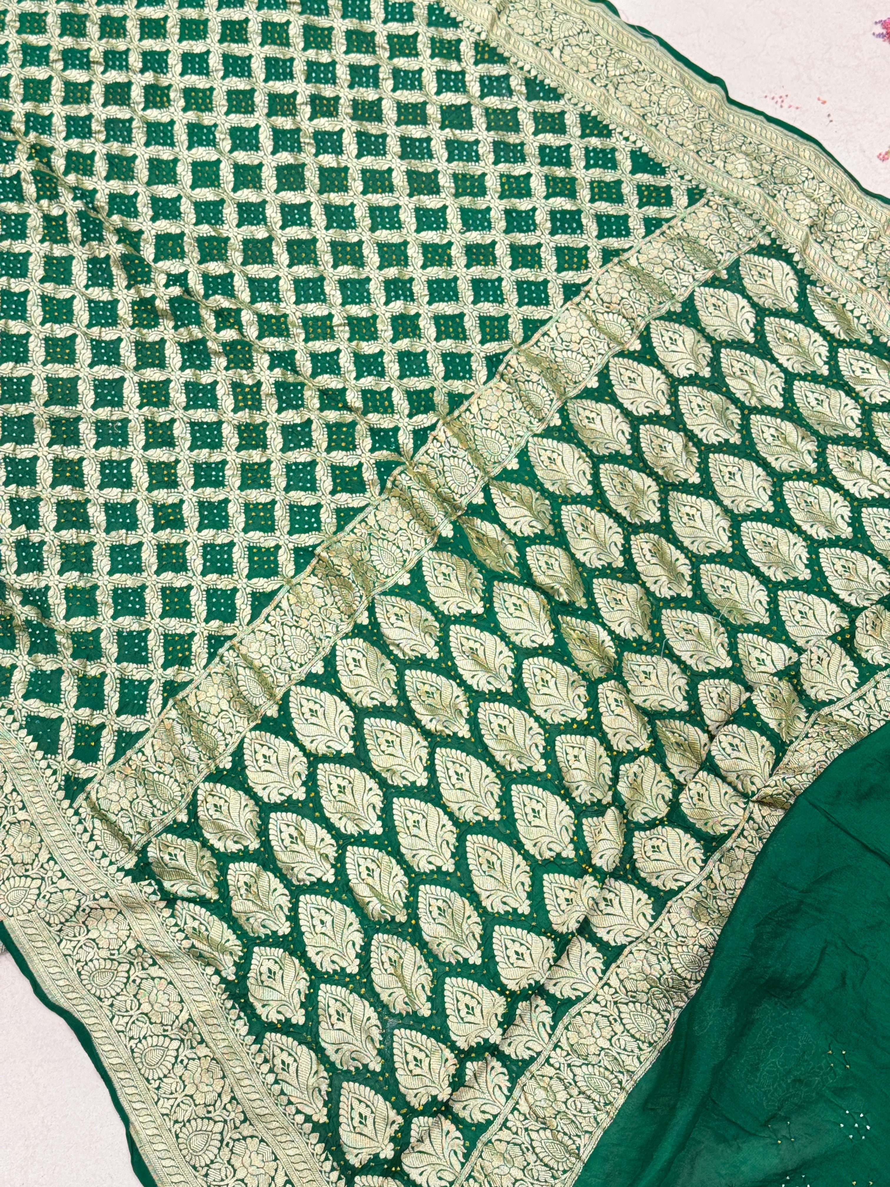 Bottle Green Leaf Border Bandhej Bandhini Saree