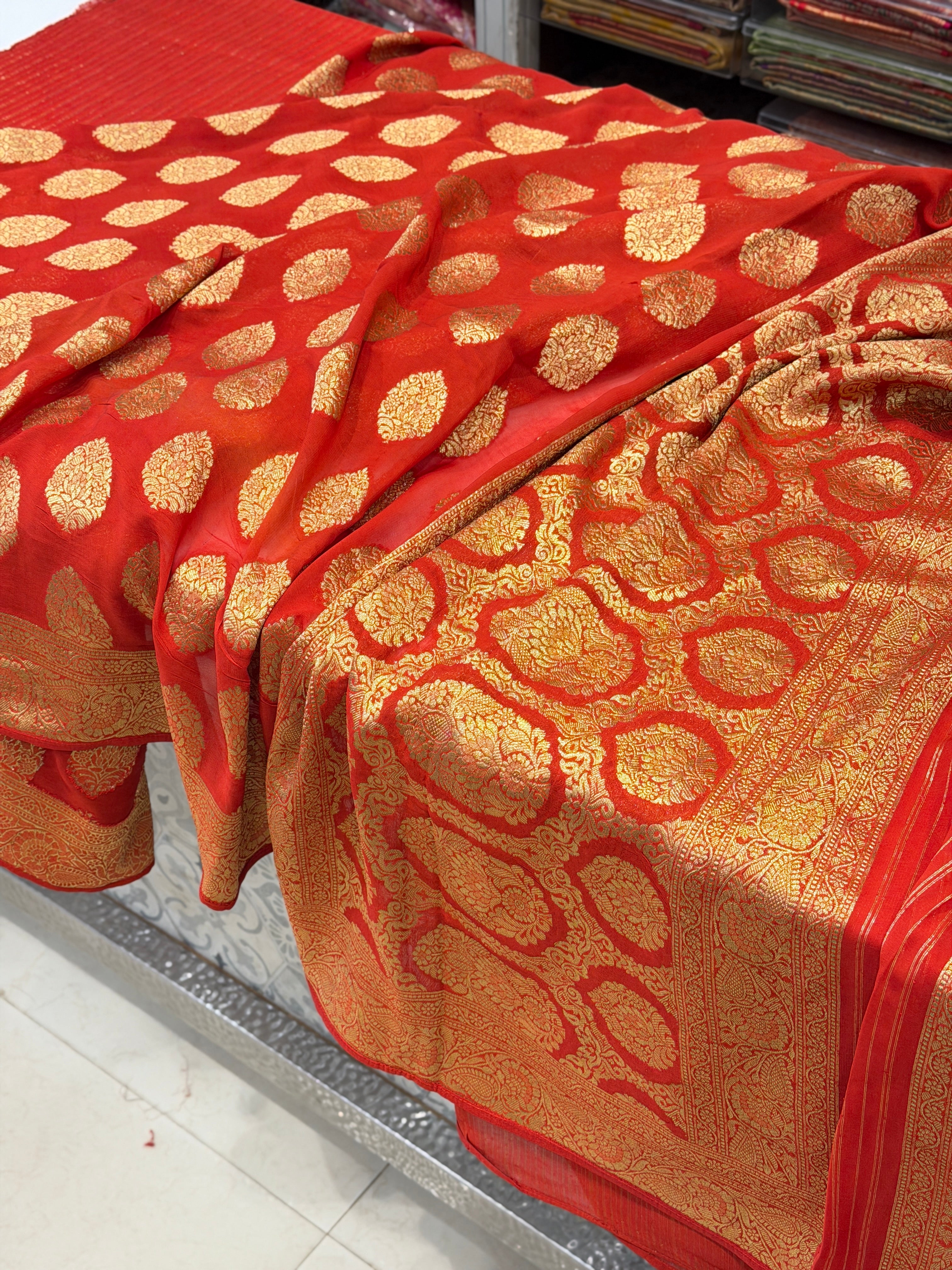 Red Banarasi Khaddi Georgette Woven Buttas Saree