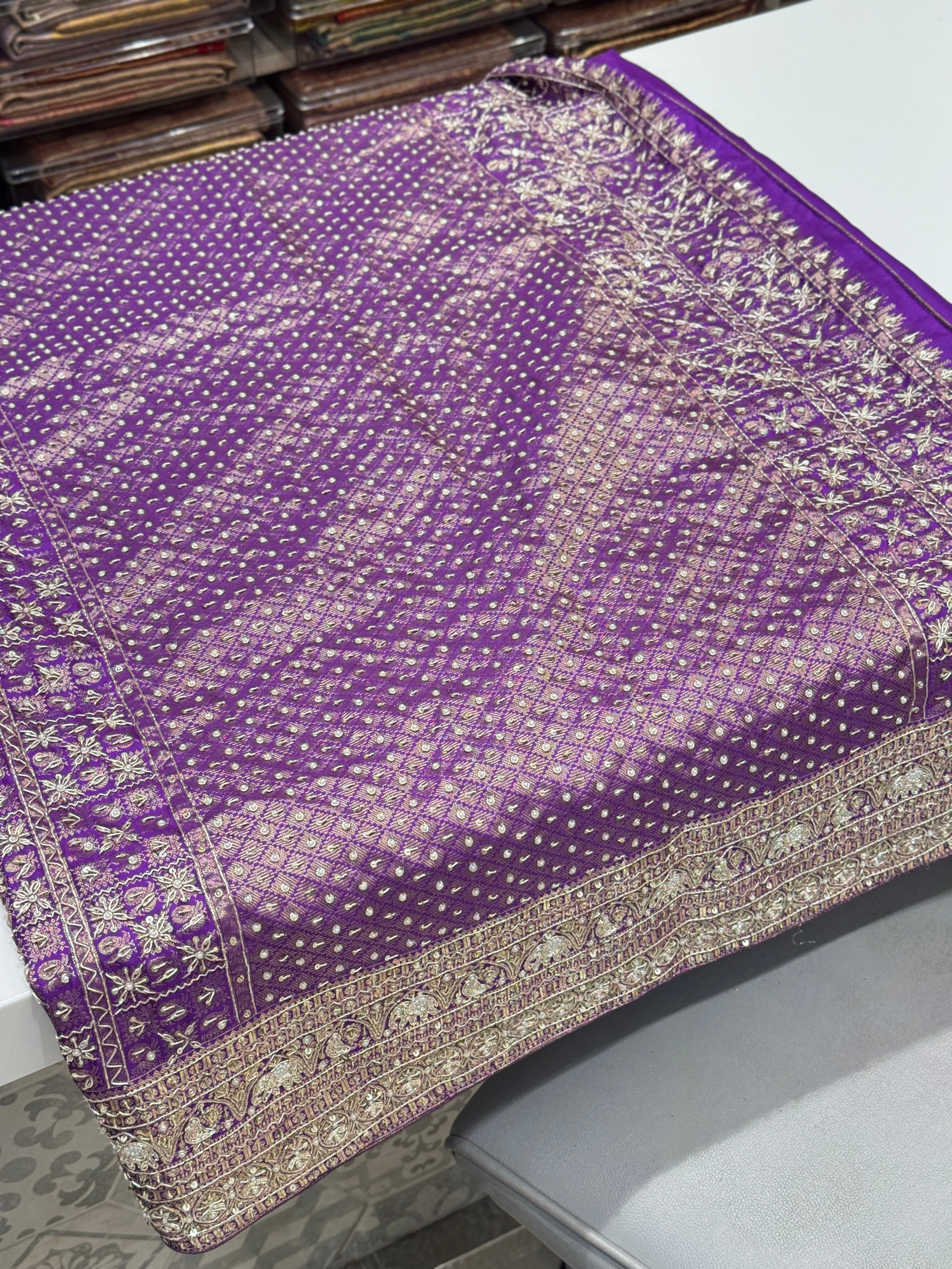 Violet Kanjivaram Peacock Motif Zardozi Hand Embroidery Saree