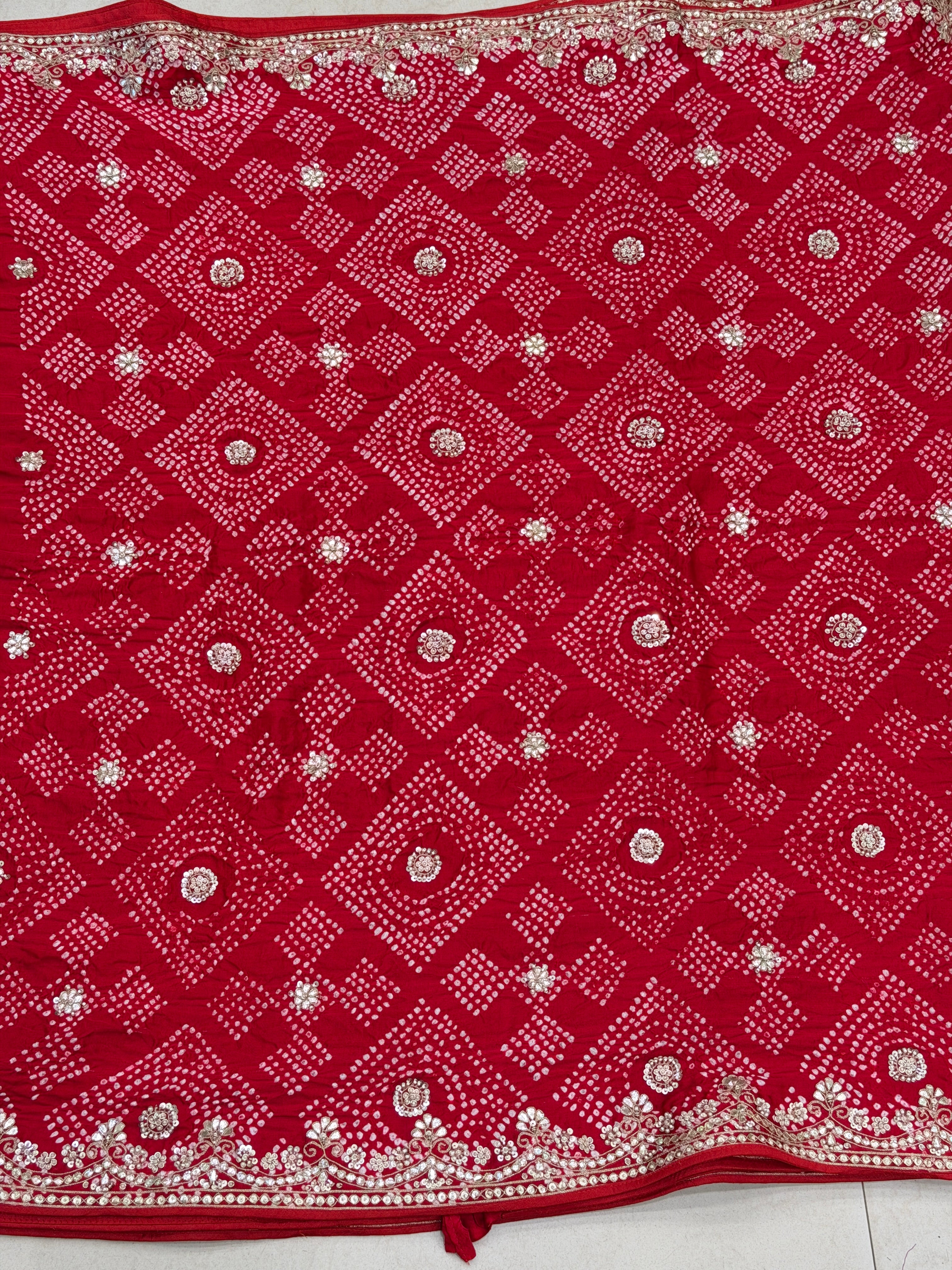 Red Gajji Silk Bandhej Hand Done Gotapatti Saree