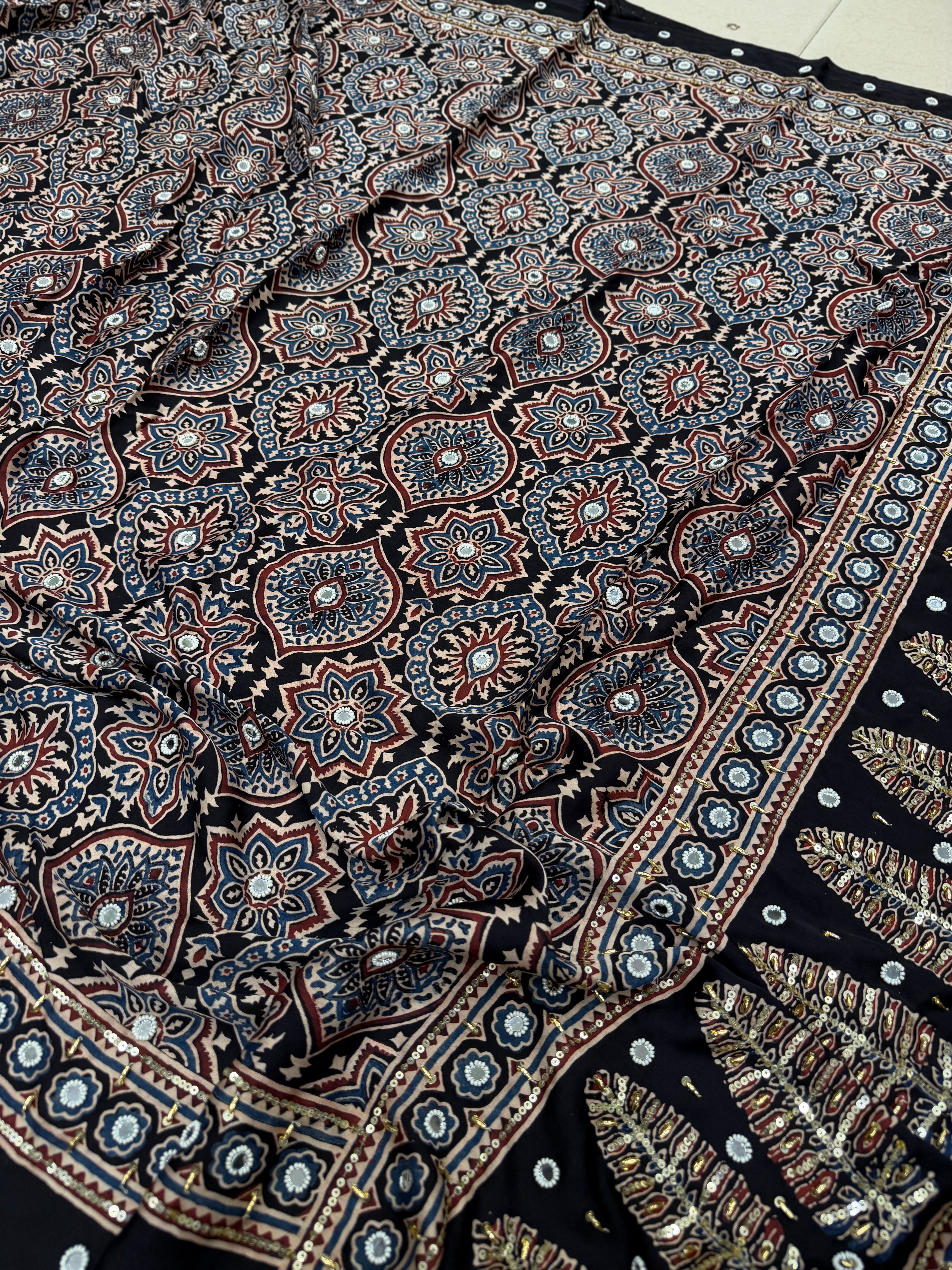 Black Badam Buttas Ajrakh Real Mirror Moti Sequin Hand Embroidery Saree