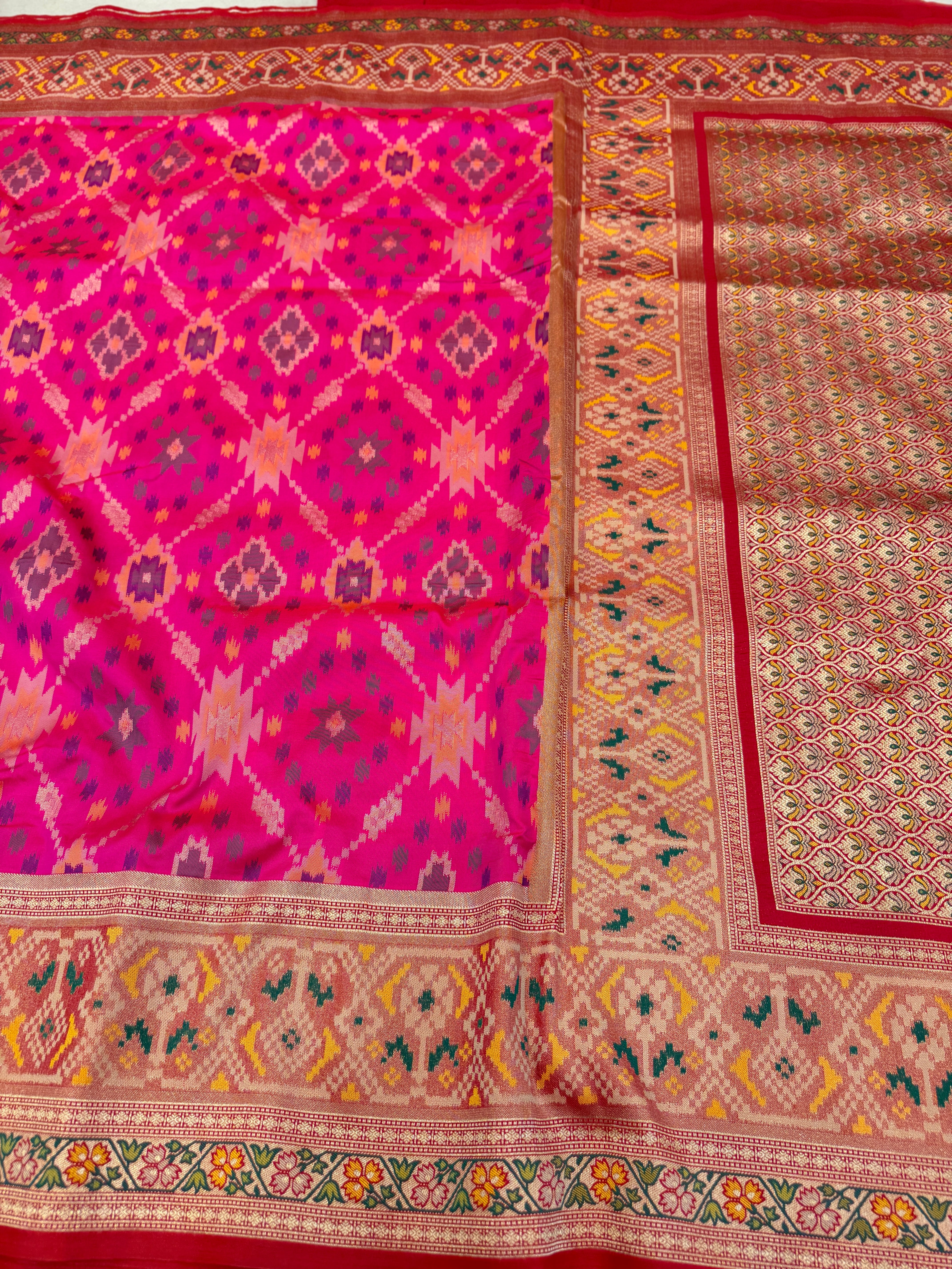 Rani Pink Ikat Patola Banarasi Weaved Jaal Saree