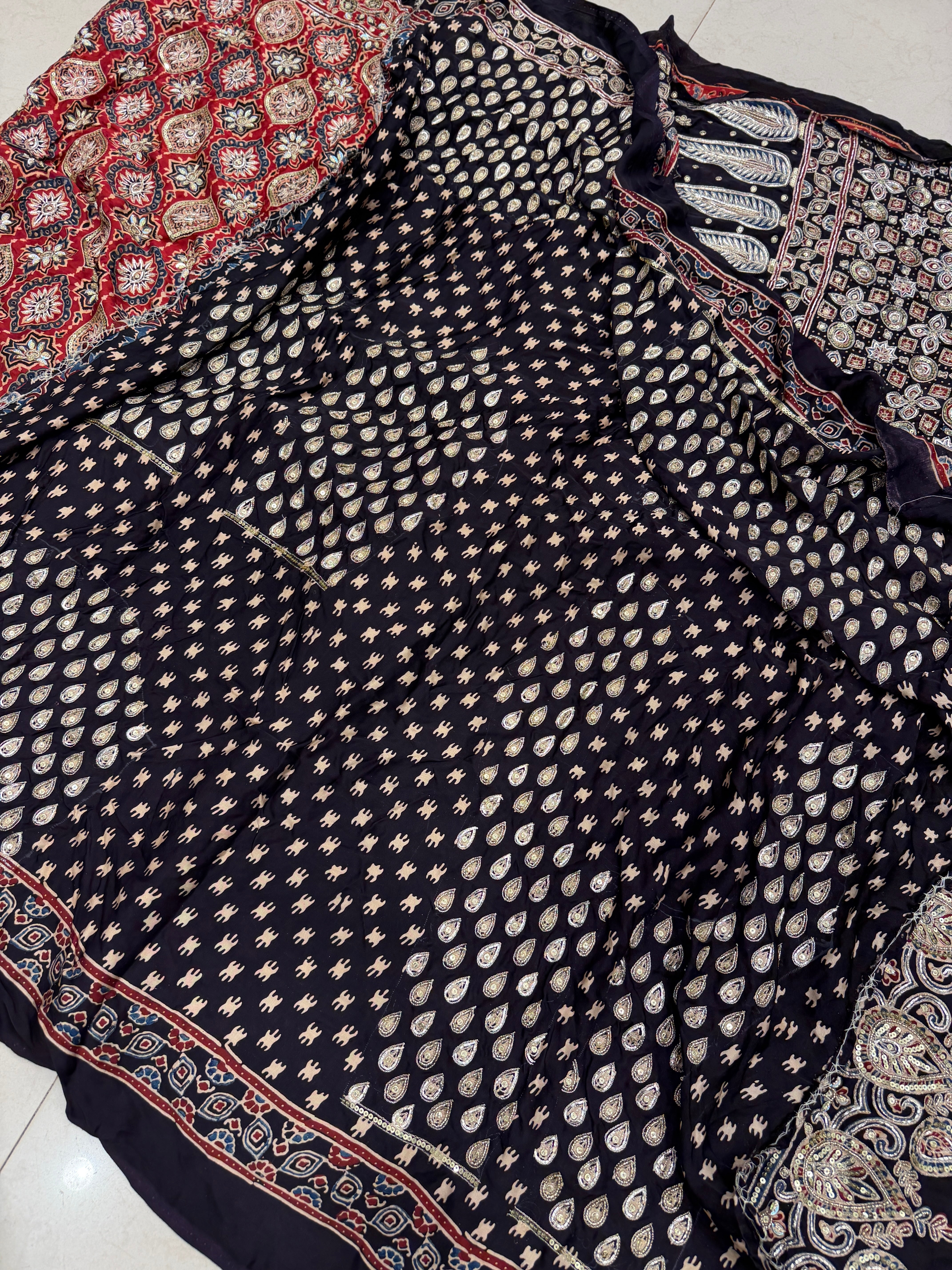 Black Red Badam Jaal Pita Zardosi Sequin Ajrakh Hand Embroidery Saree