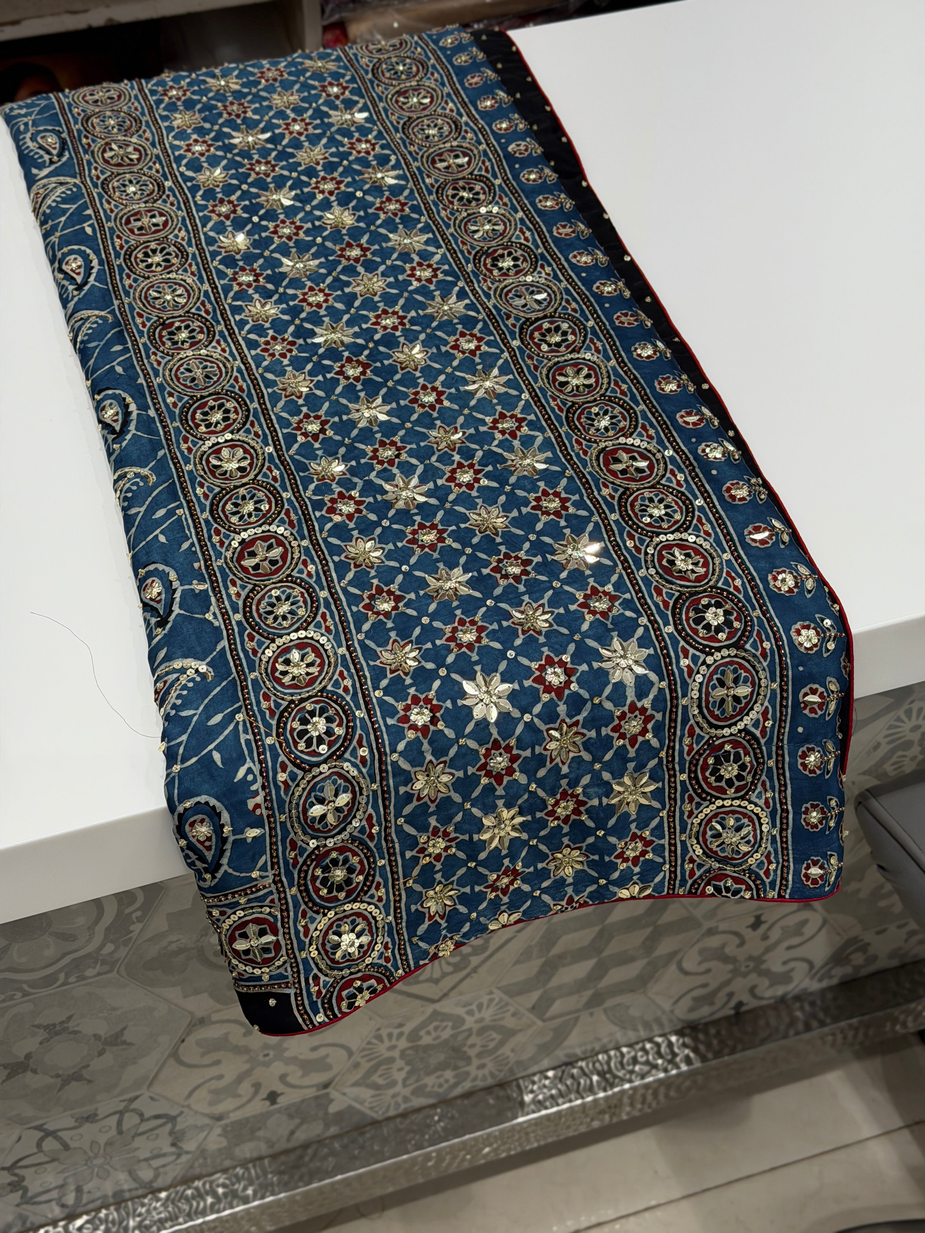 Blue Jaal Ajrakh Sequin Moti Hand Embroidery Saree
