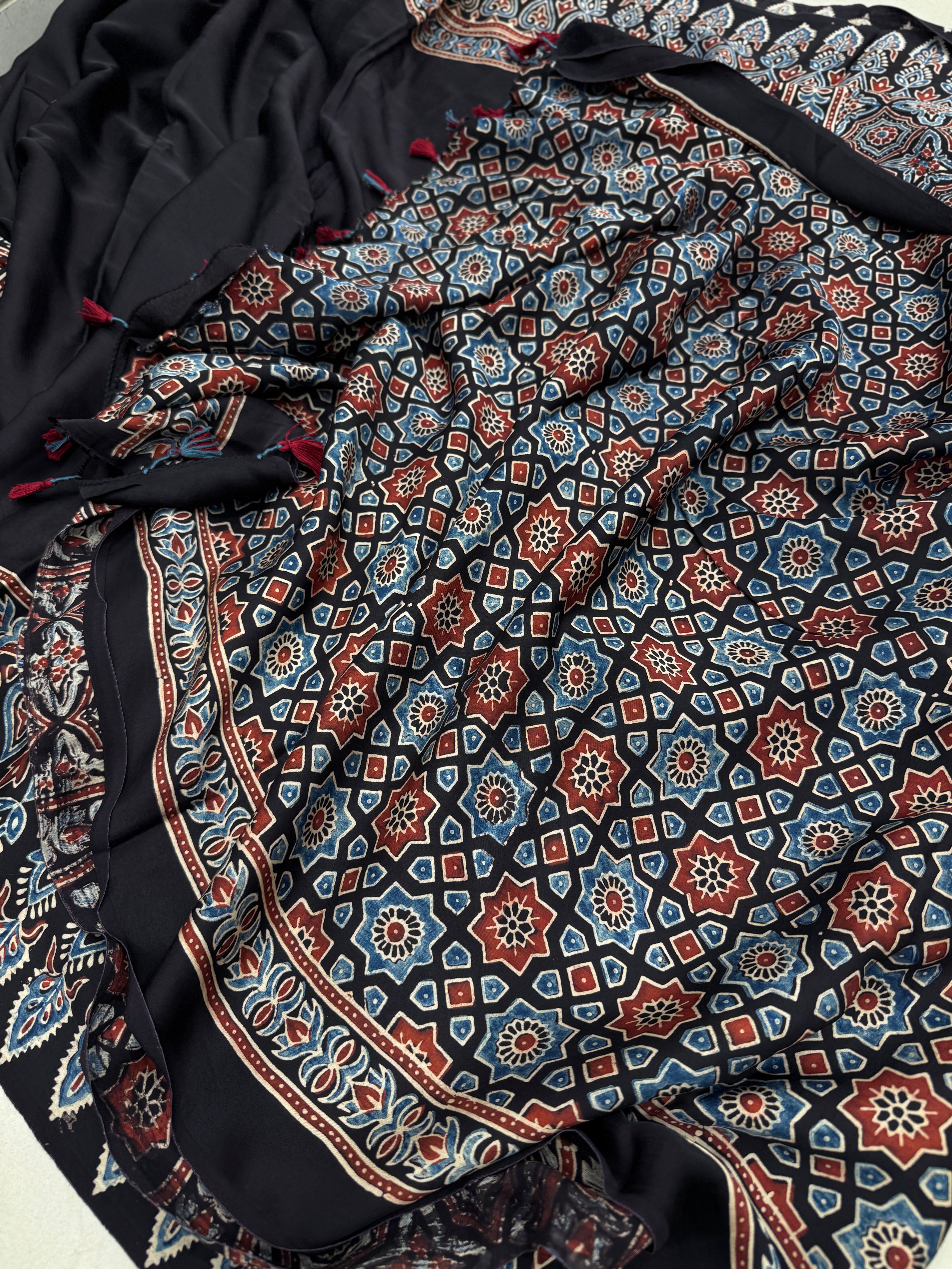 Black Border Contemporary Ajrakh Hand Block Print Pure Gajji Silk Saree