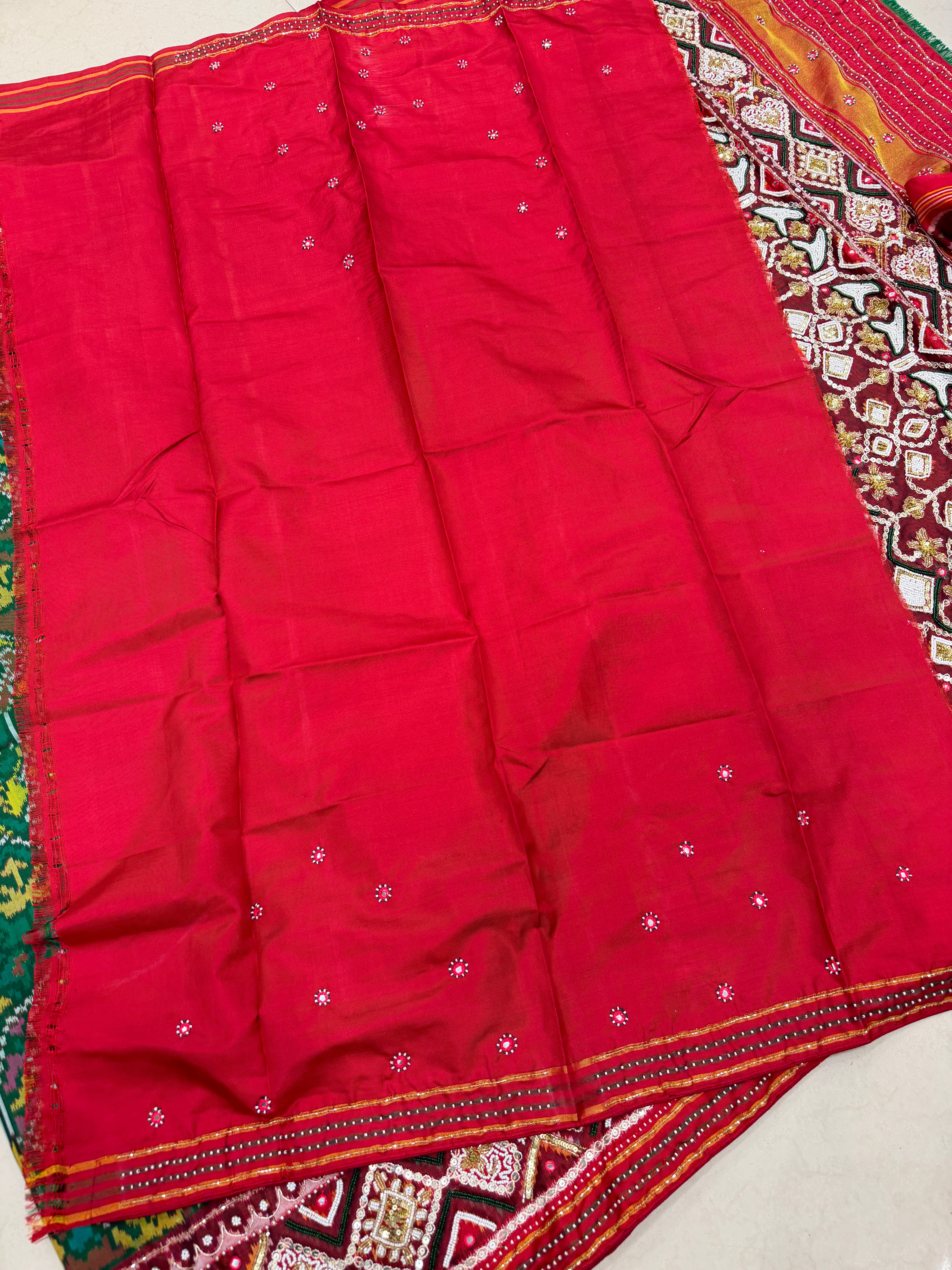 Green Patan Patola Hand Embroidery Kidiya Moti Zardosi Saree