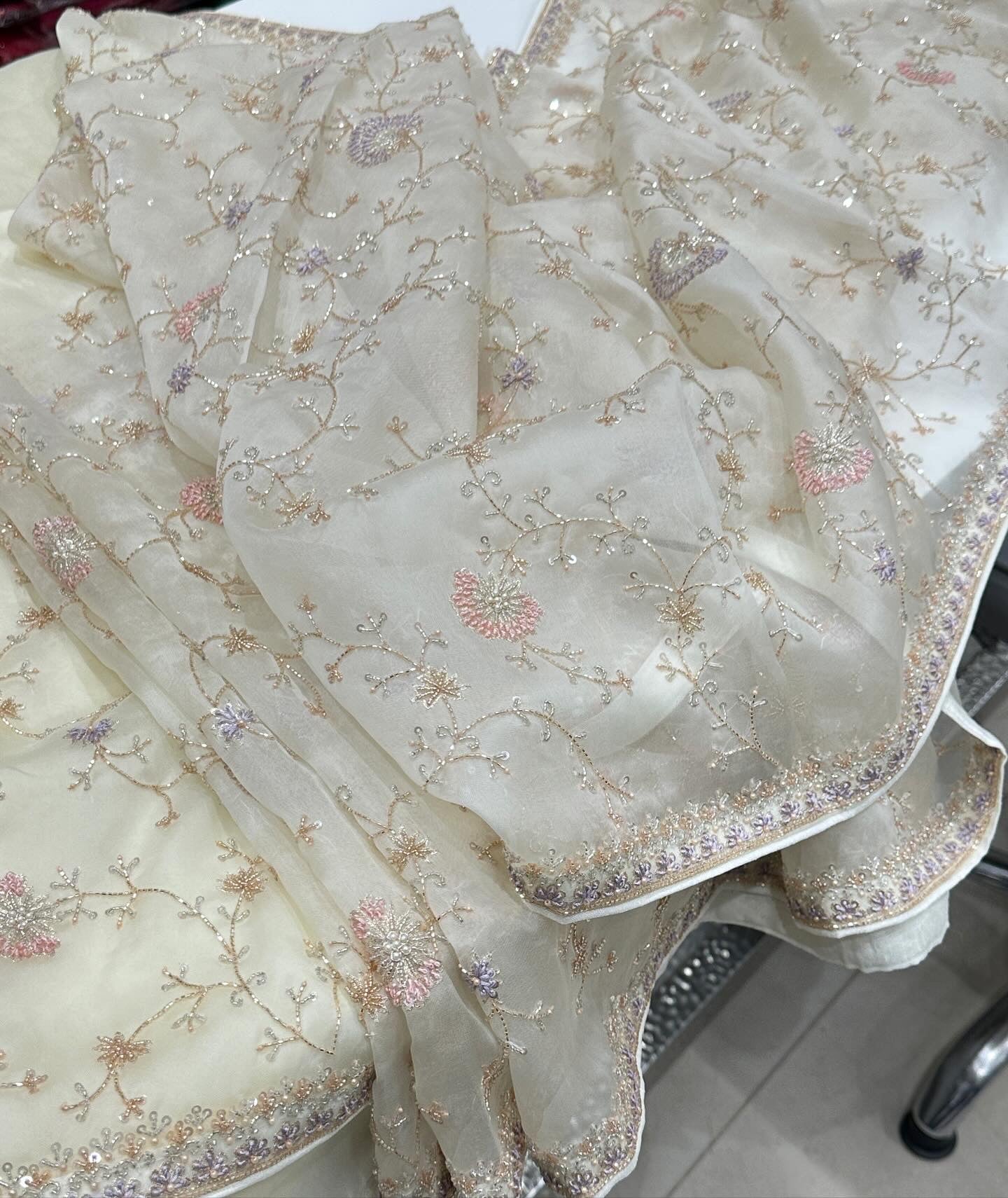 Moti White Pure Organza Knot Embroidery Saree