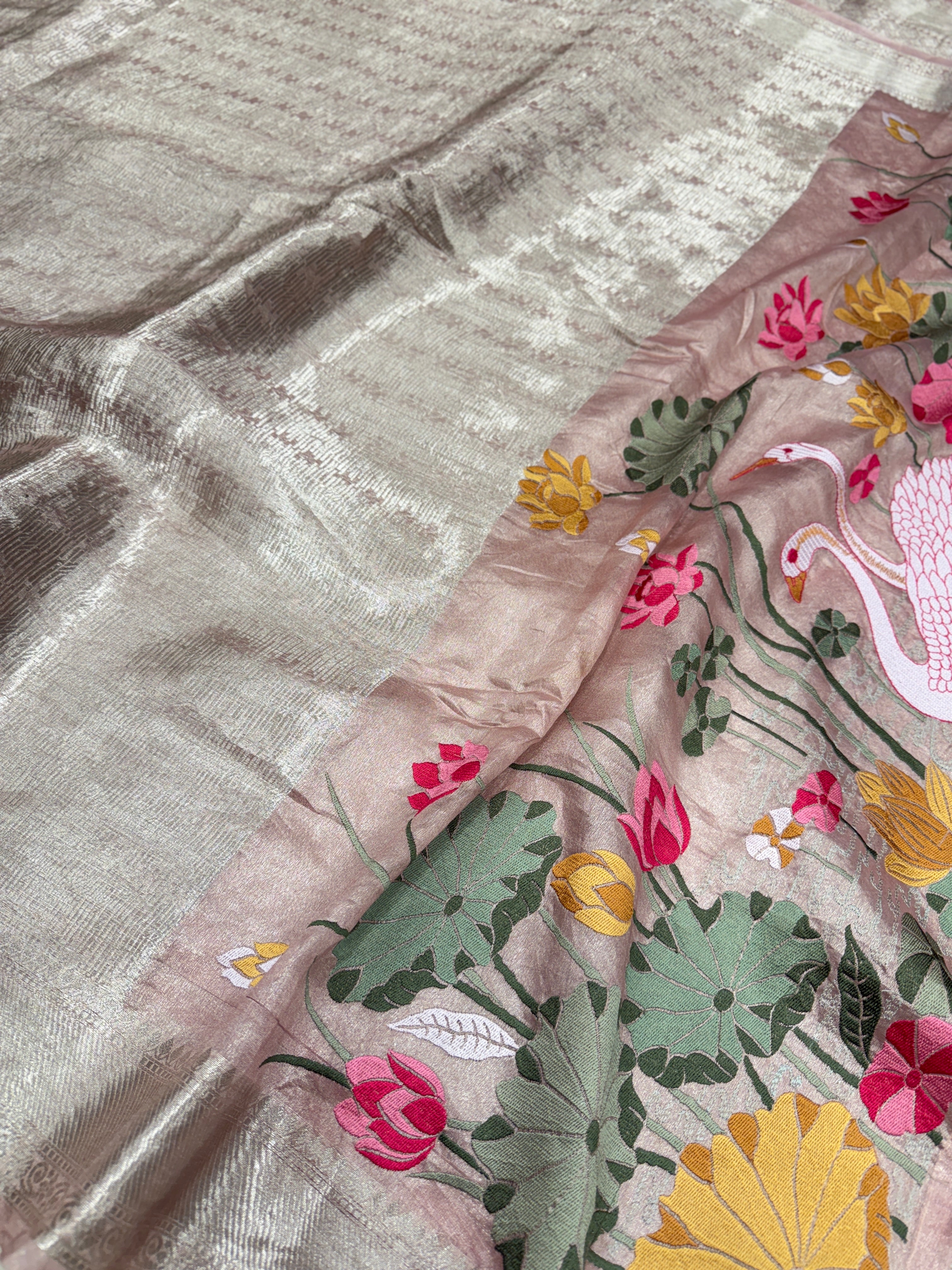Nude Pink Silver Handloom Tissue Swans Contemporary Resham Embroidery Saree