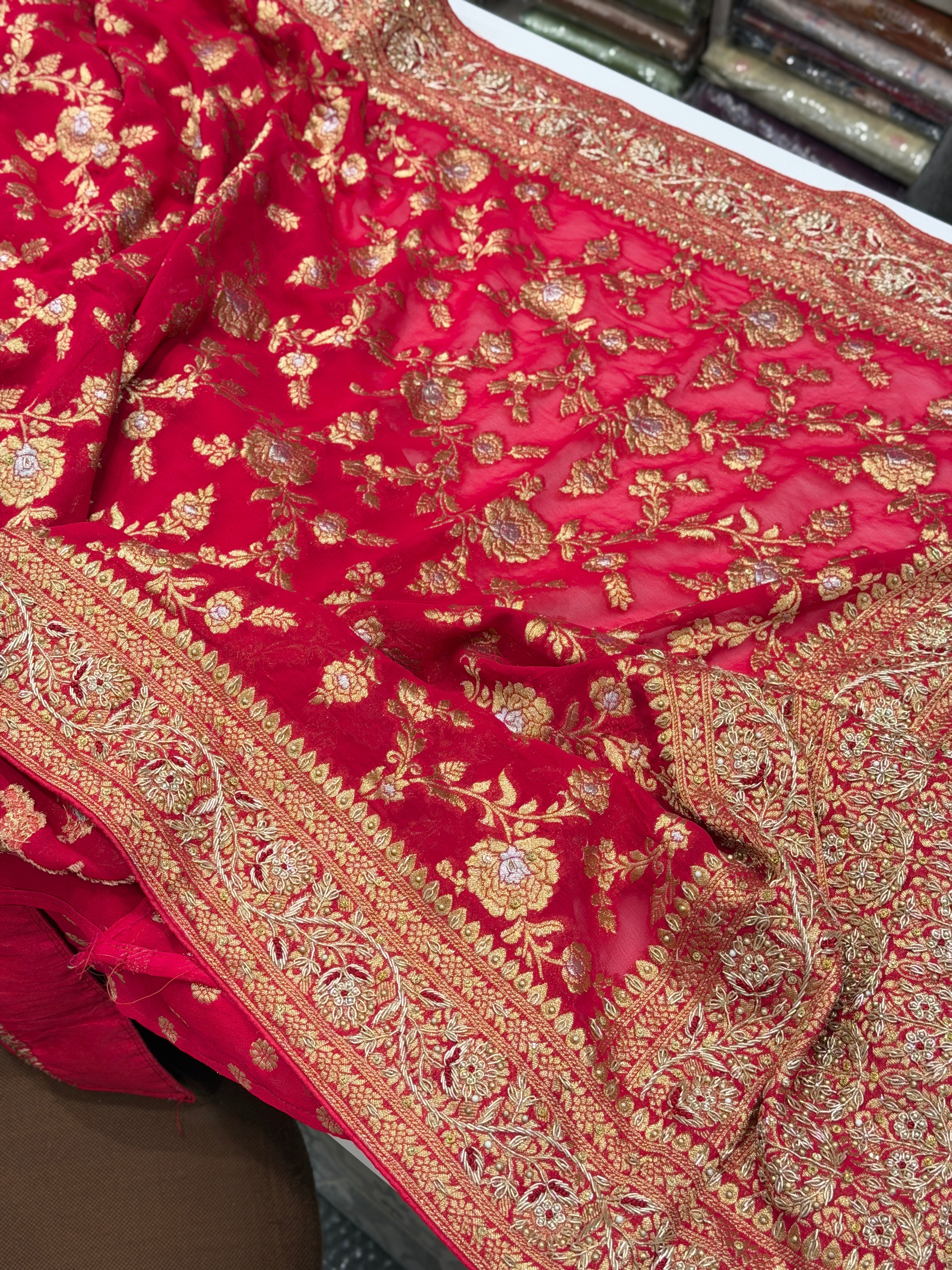 Rani Pink Banarasi Khaddi Georgette Zardosi Hand Embroidery Saree