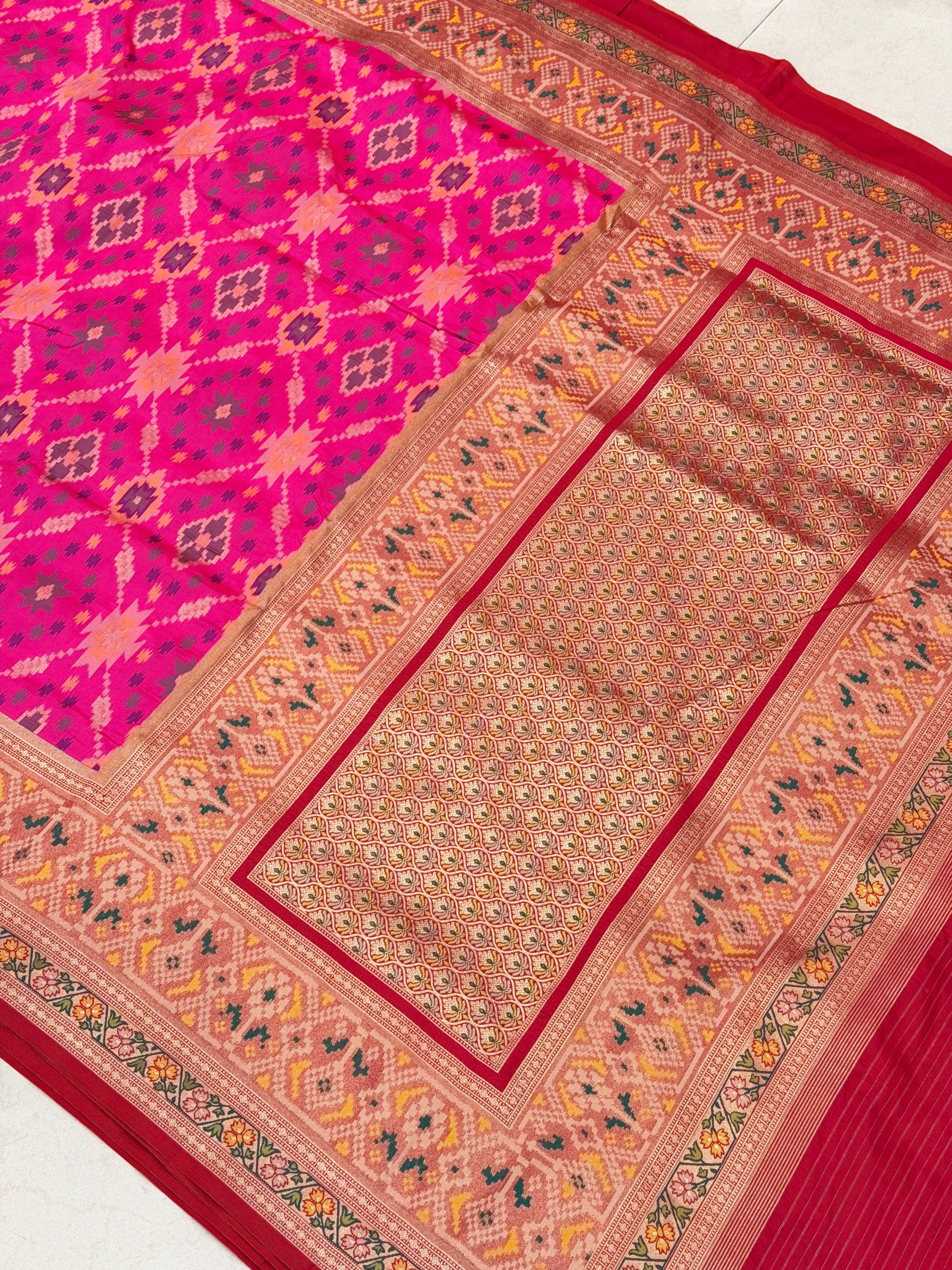 Rani Pink Ikat Patola Banarasi Weaved Jaal Saree