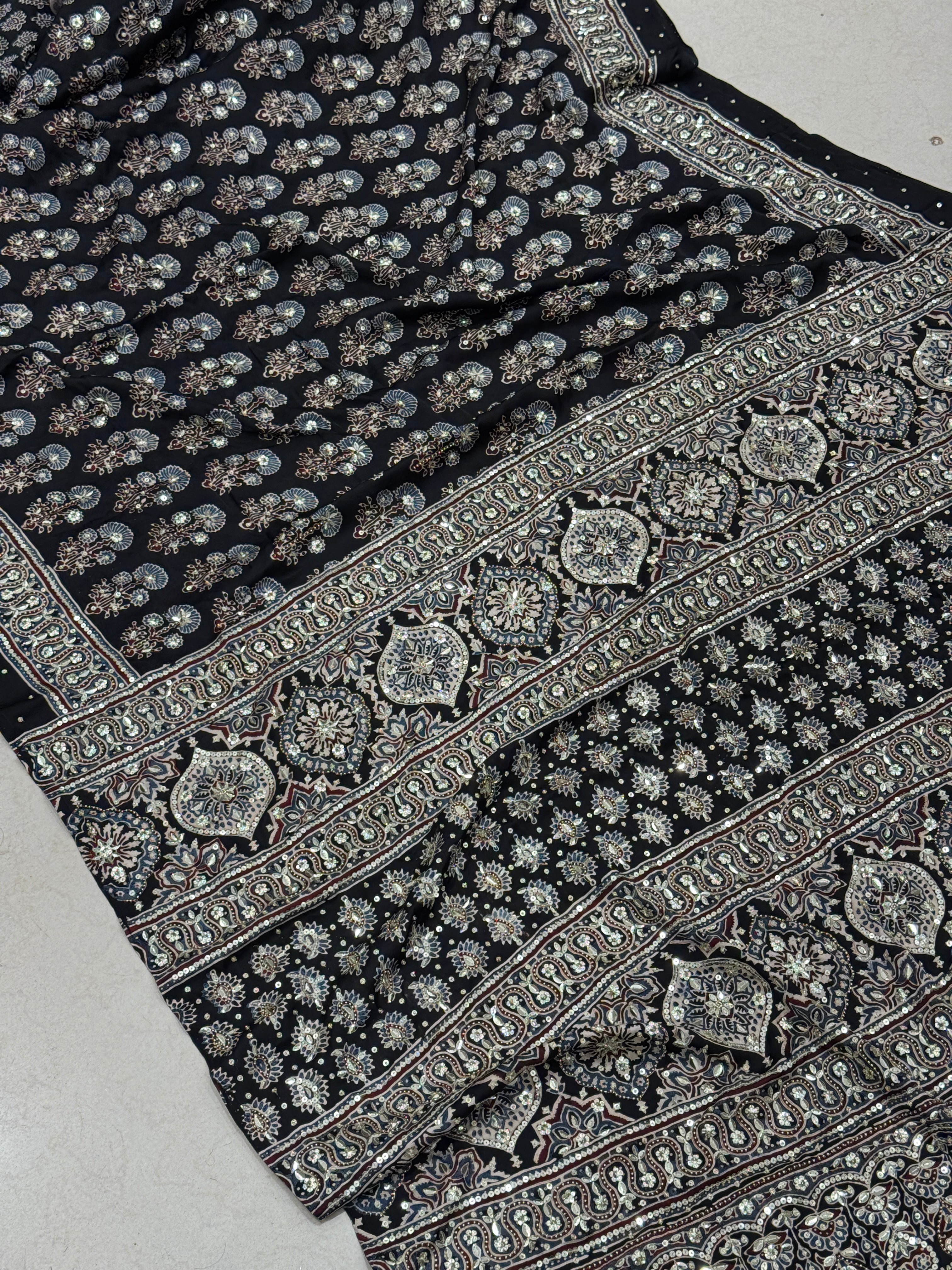 Black Floral Buttas Sequin Ajrakh Hand Embroidery Saree