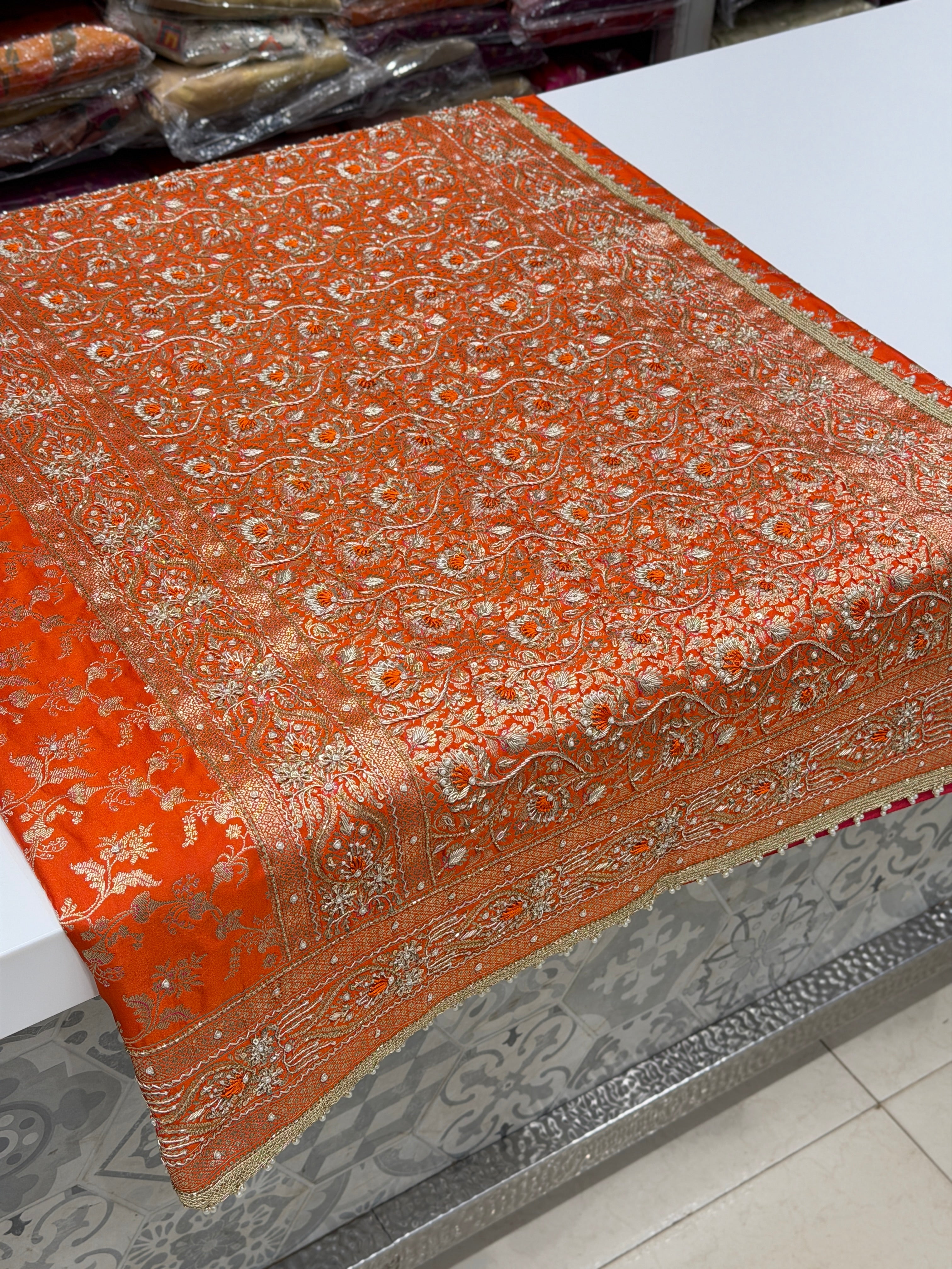 Orange Banarasi Bloom Border Resham Zardosi Hand Embroidery Saree