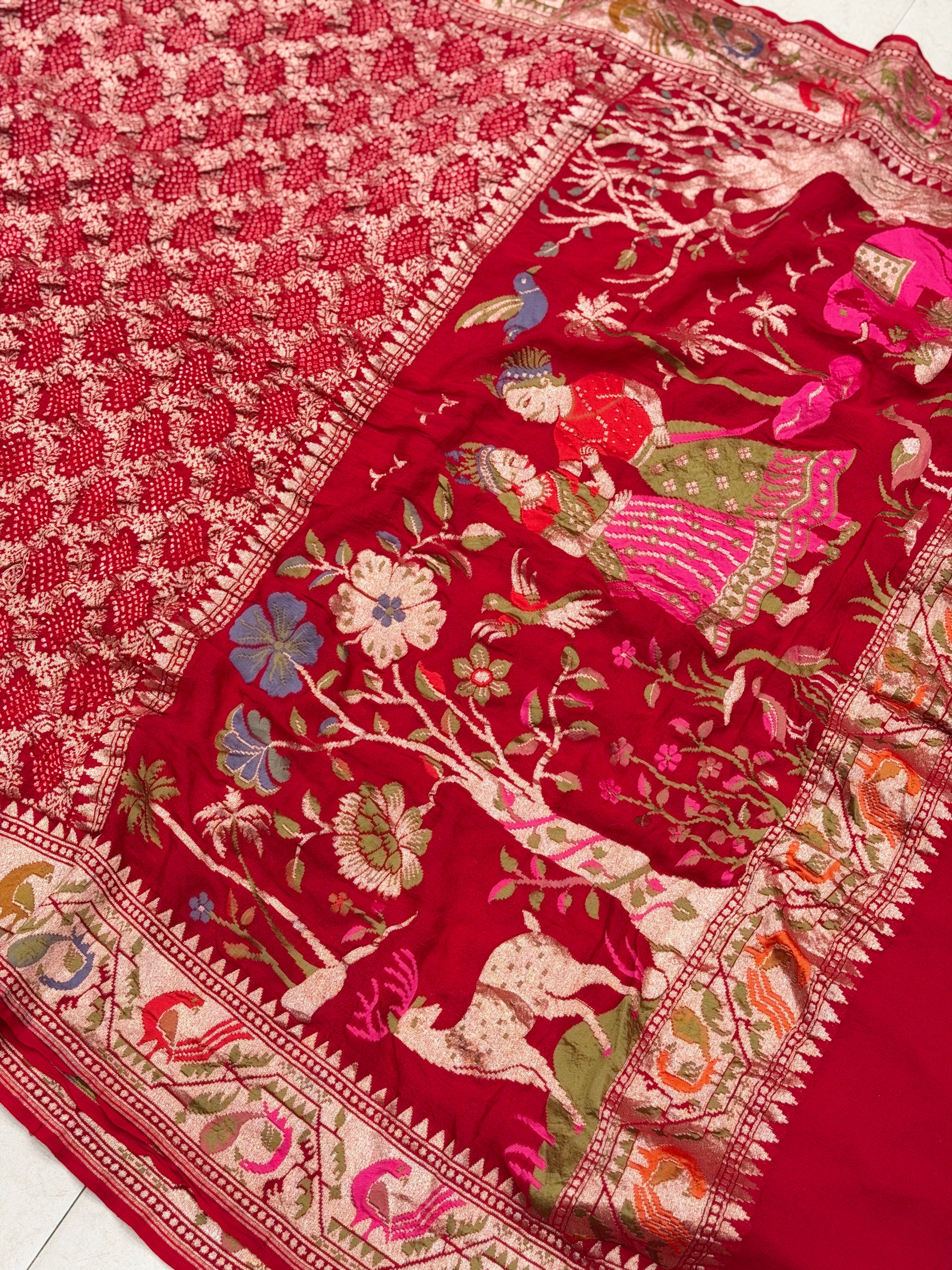 Red Meenakari Border Paithani Style Pure Handloom Bandhej Georgette Saree