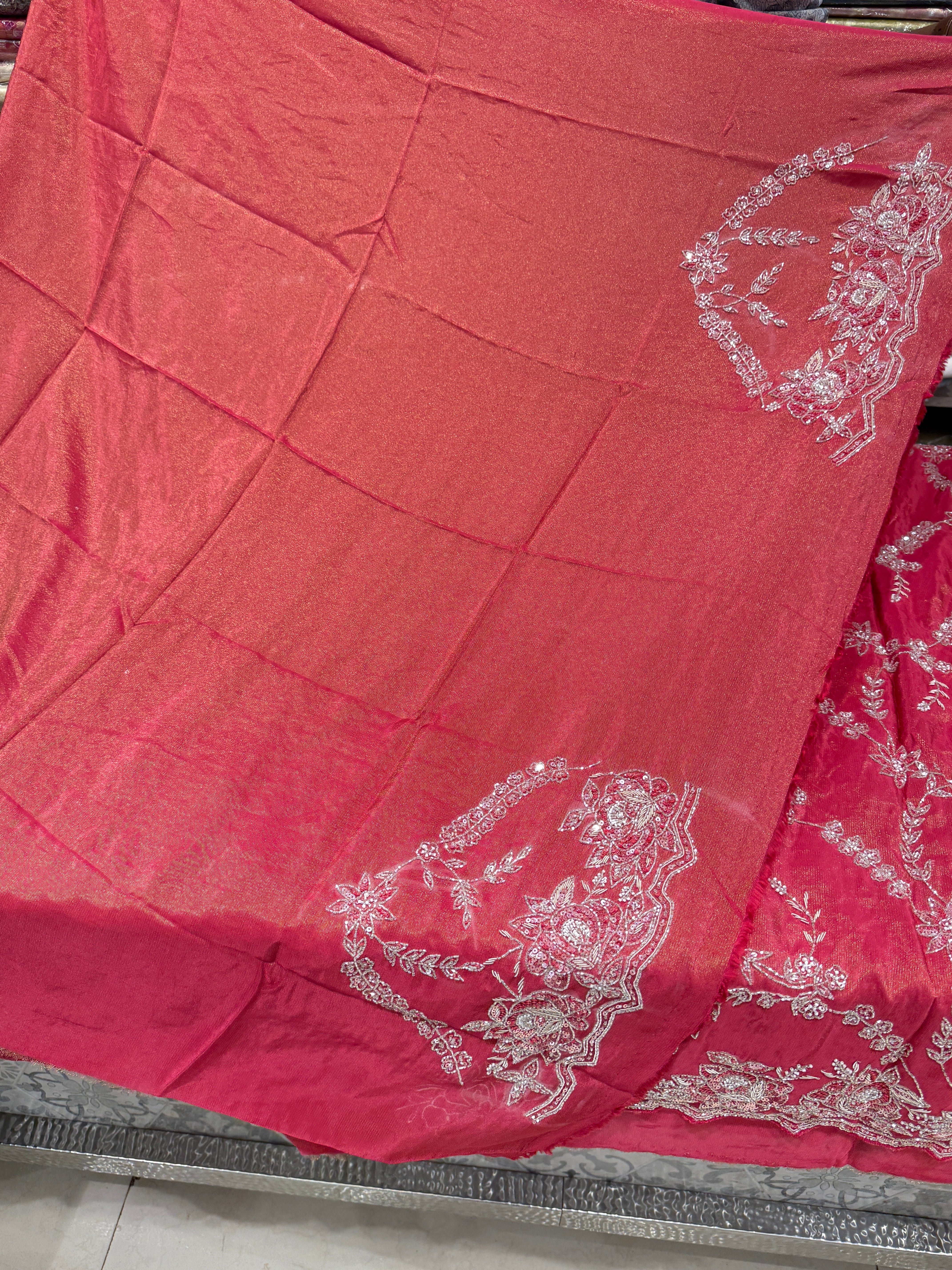 Rust Crepe Tissue Zardosi Jaal Saree