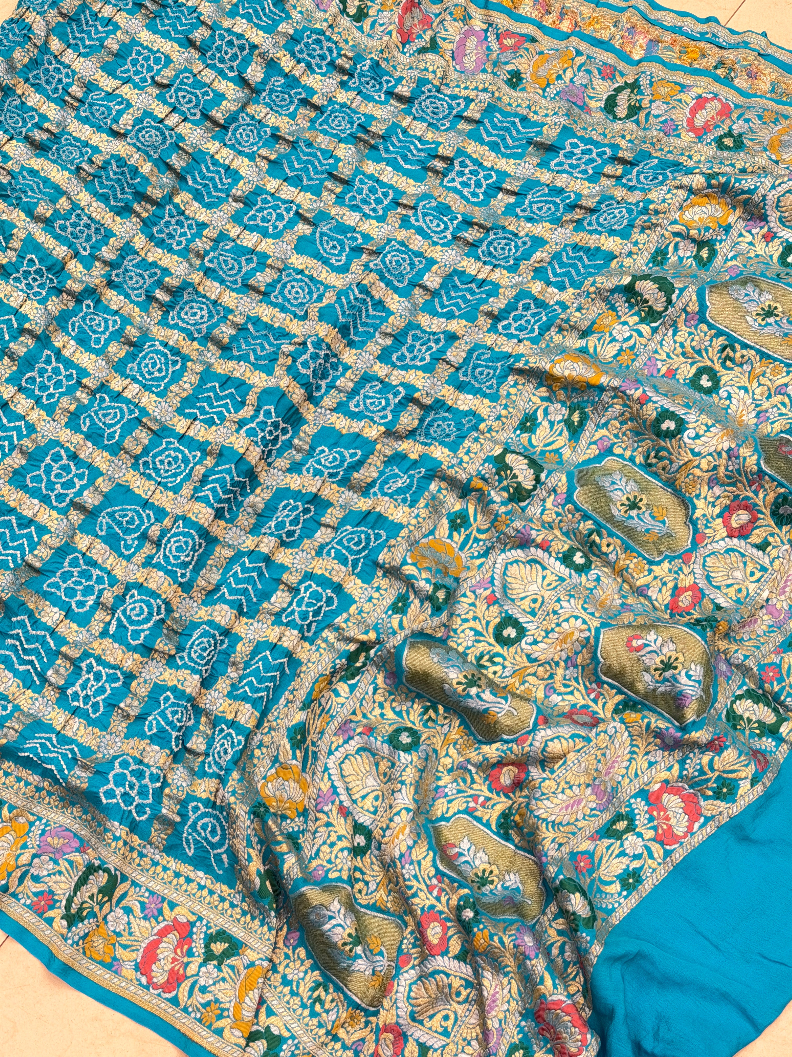 Blue Meenakari Border Gharchola Style Pure Handloom Bandhej Georgette Saree