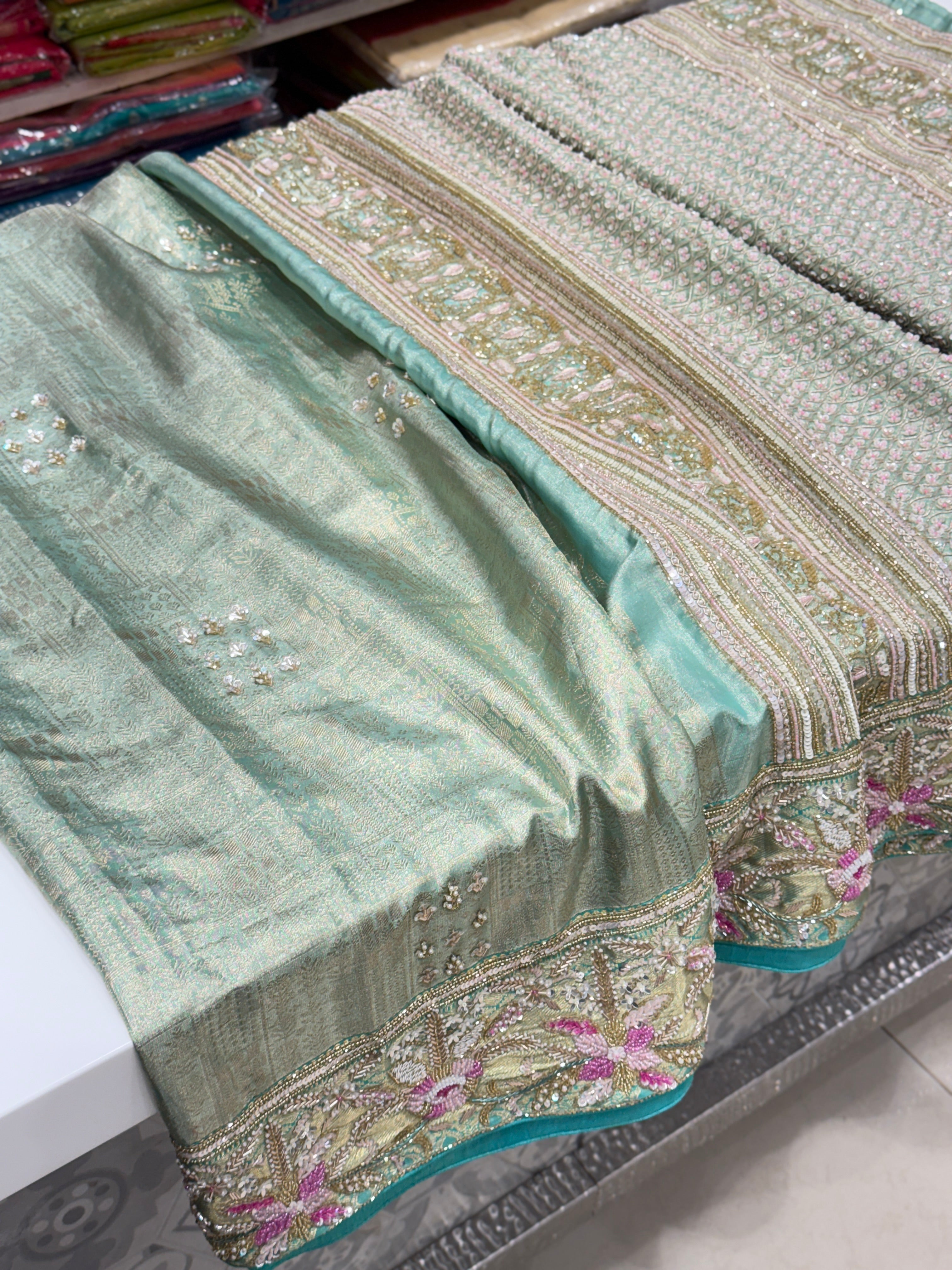 Green Tissue Kanjivaram with Moti Zardosi Hand Embroidery Saree