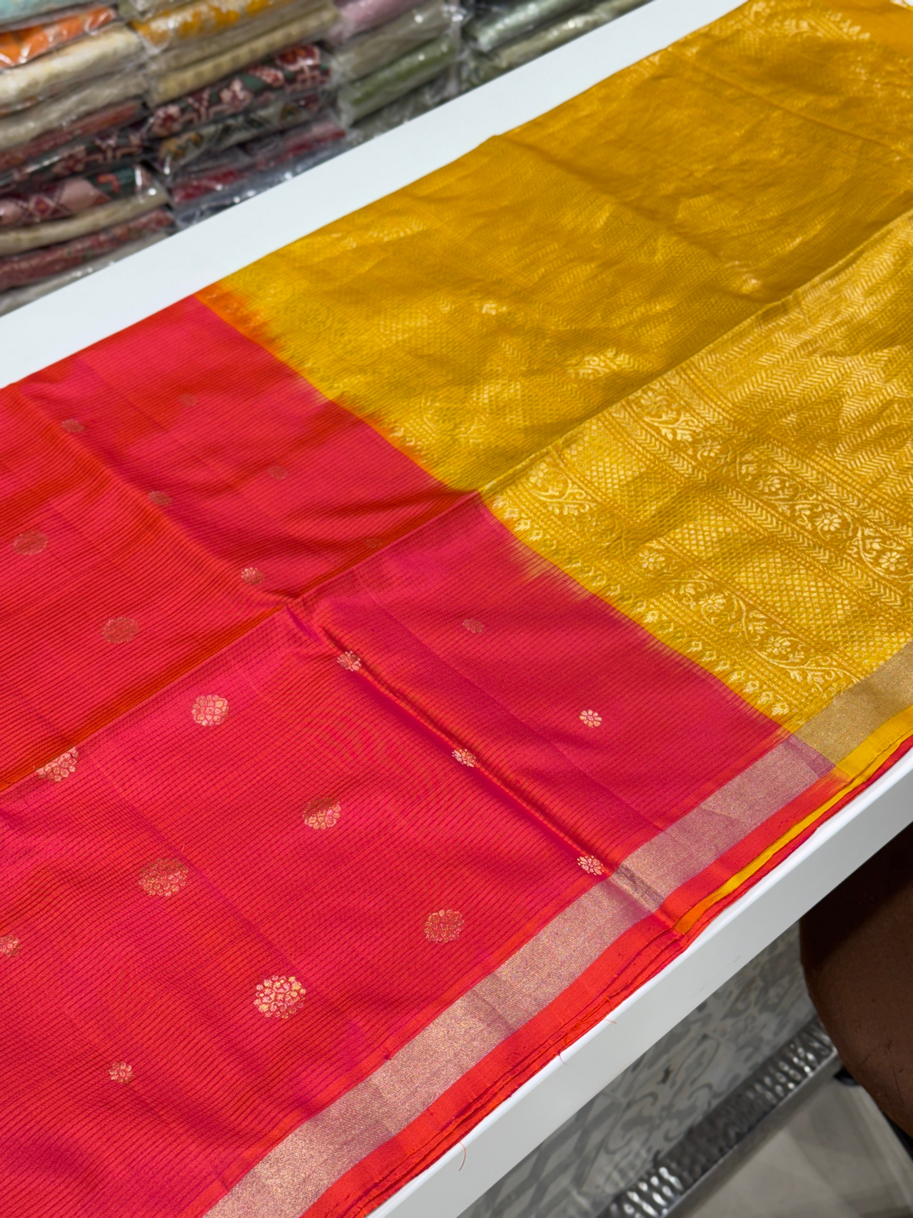 Rani with Yellow Buttis Handloom Kanchipuram Pure Silk Saree