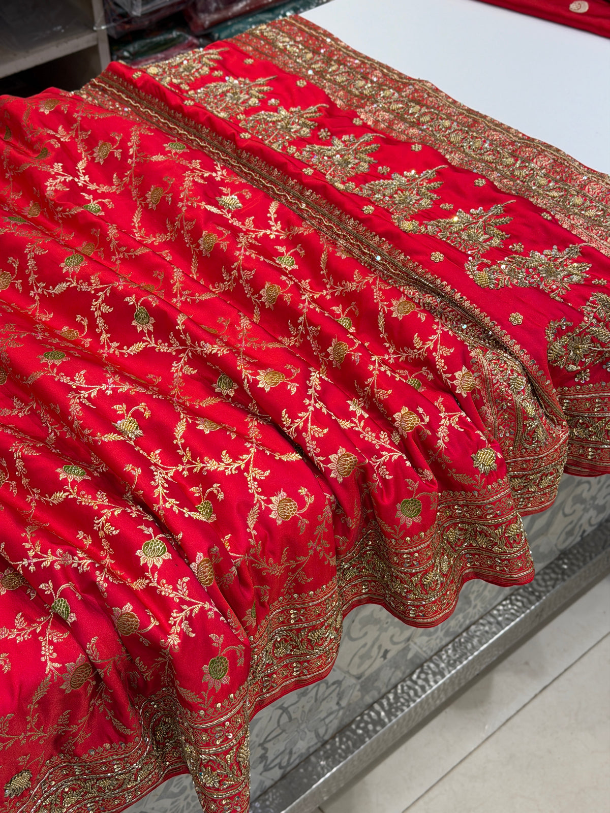 Cross Red Meenakari Banarasi Jaal Antique Zardosi Hand Embroidery Saree
