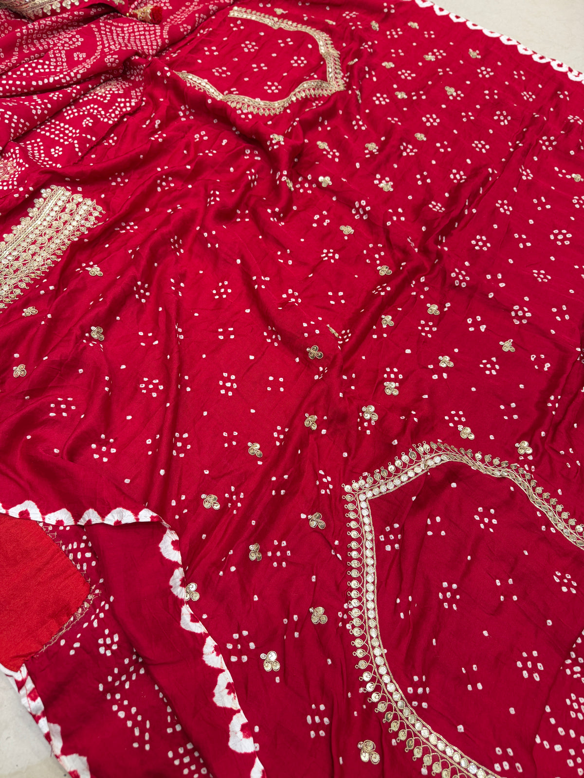 Red Gajji Silk Bandhej Gotapatti Marodi Hand Embroidery Saree