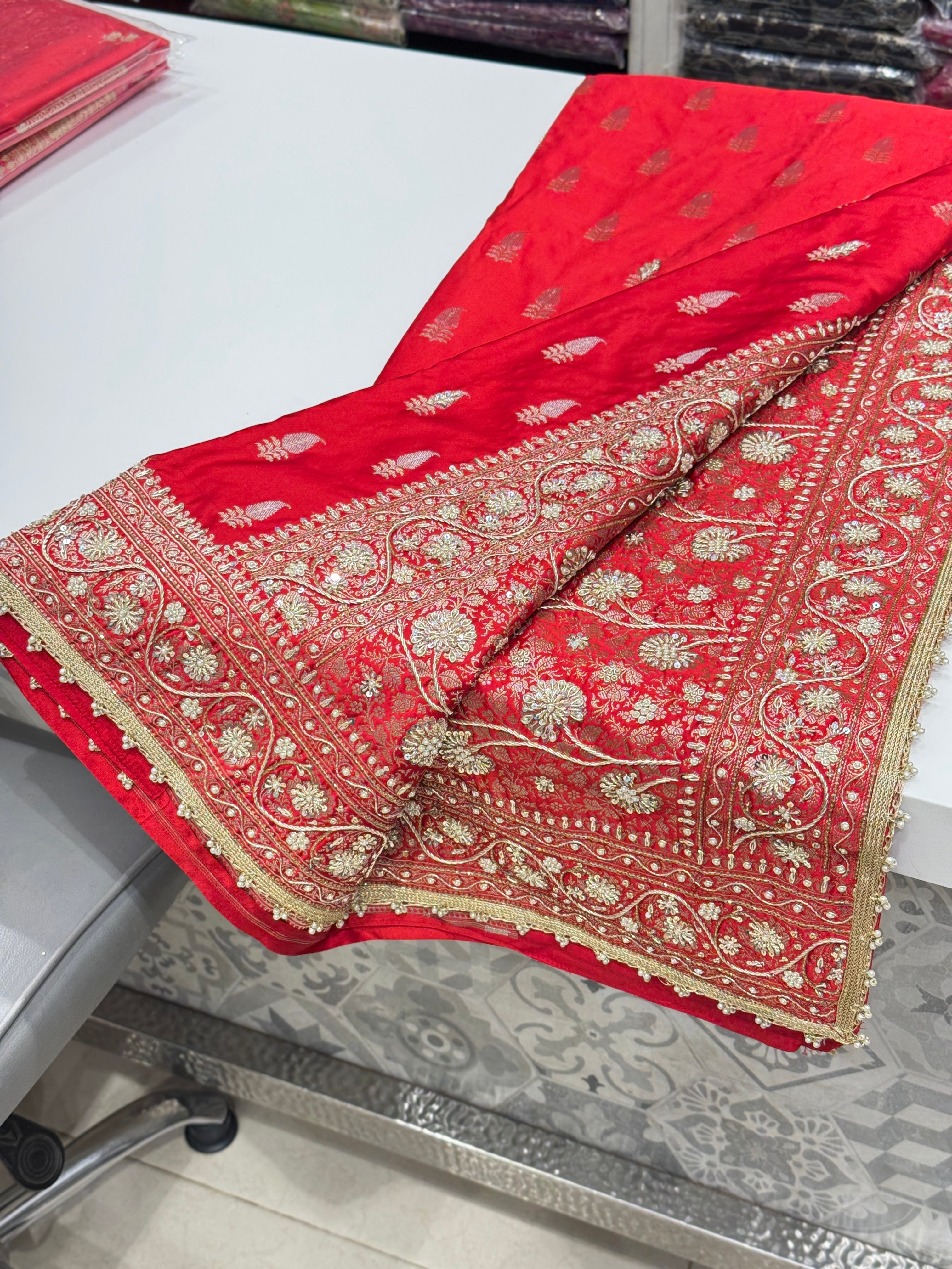 Red Banarasi Japanese Butti Zardosi Hand Embroidery Saree