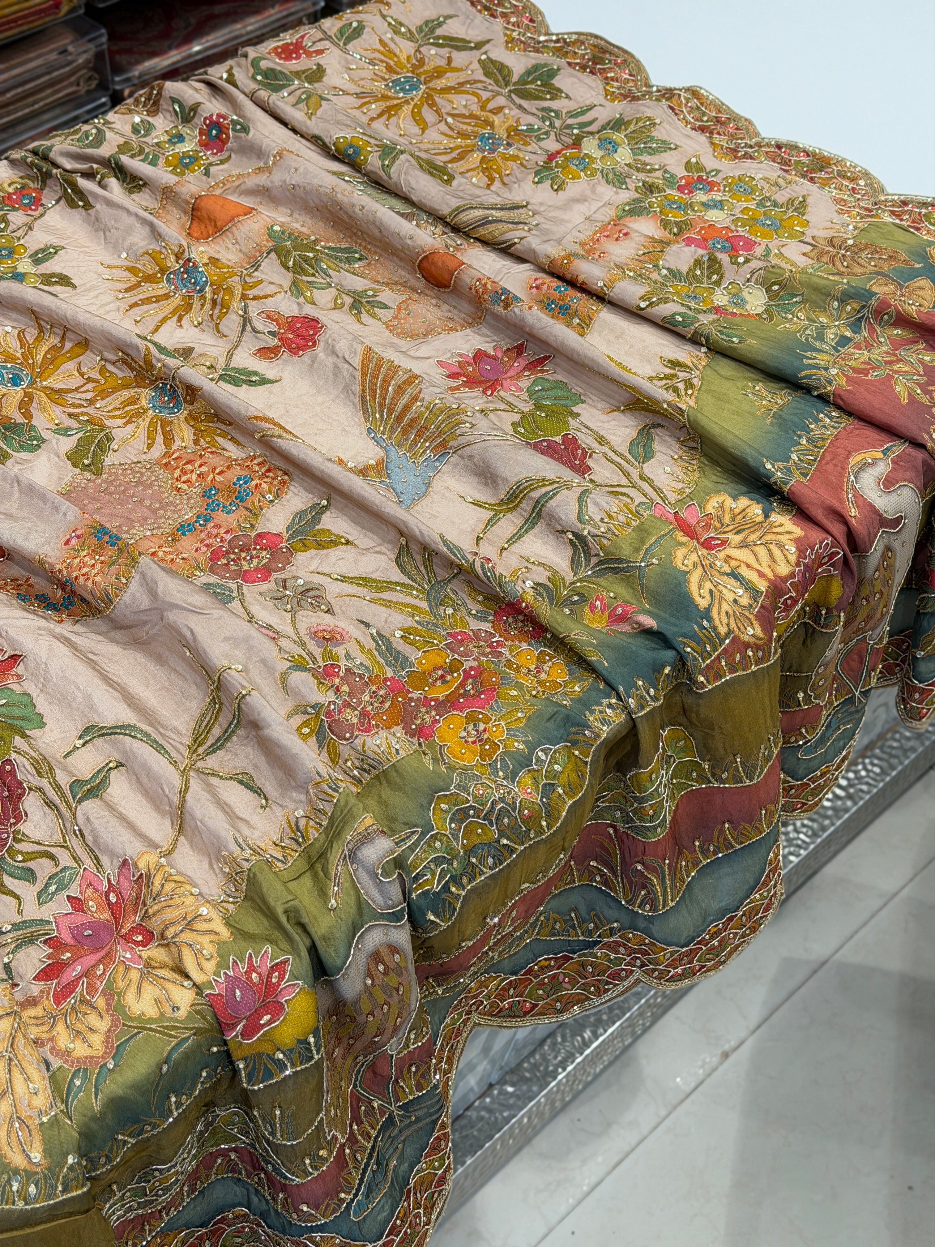 Champagne Munga Landscape Hand Embroidery Saree