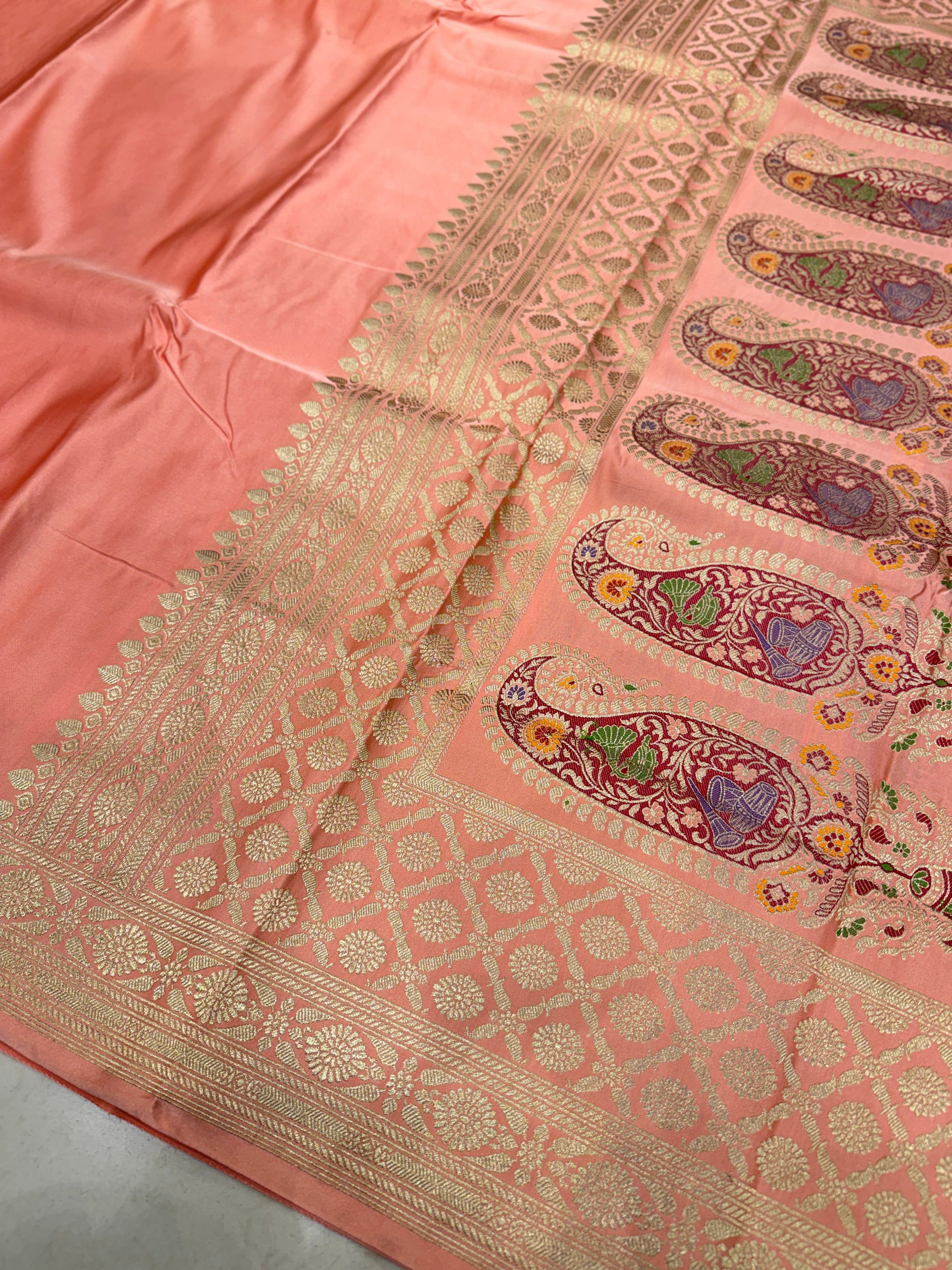 Peach Banarasi Silk Plain Body Meena Pallu Saree