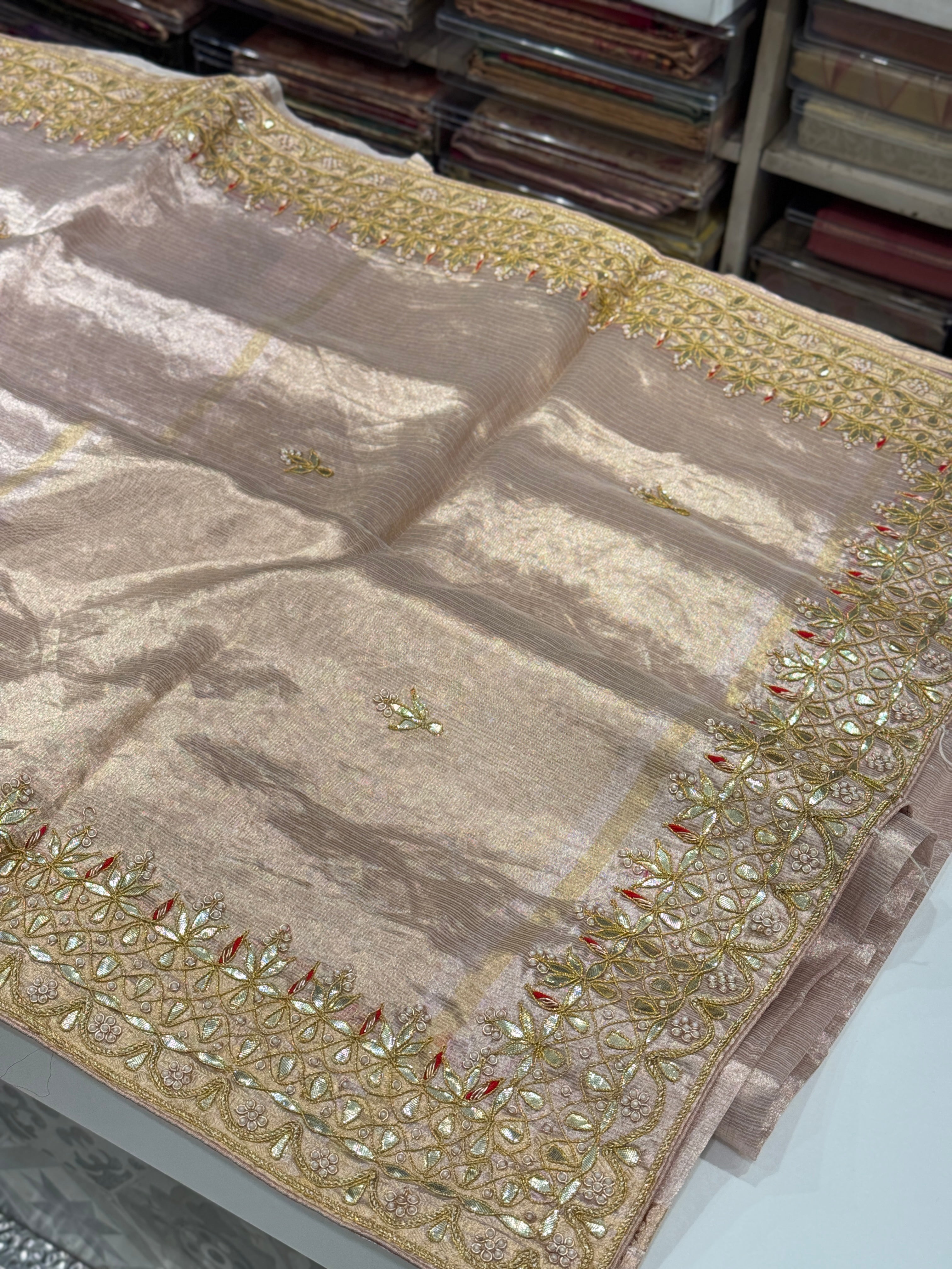 Pink Tissue Handloom Gotapatti Zardosi Hand Embroidery Saree