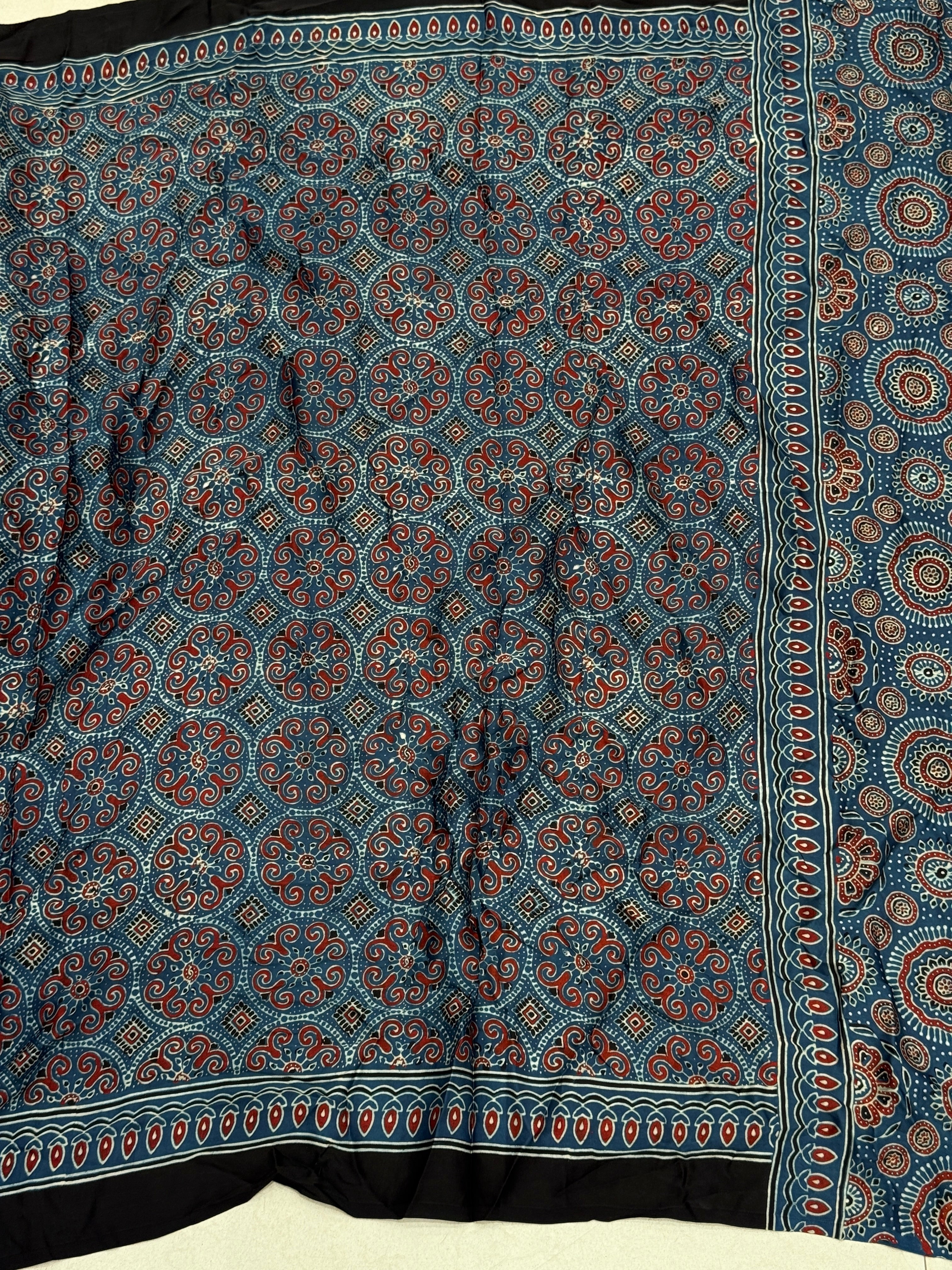 Blue Jewelled Jaal Ajrakh Modal Gajji Silk Saree