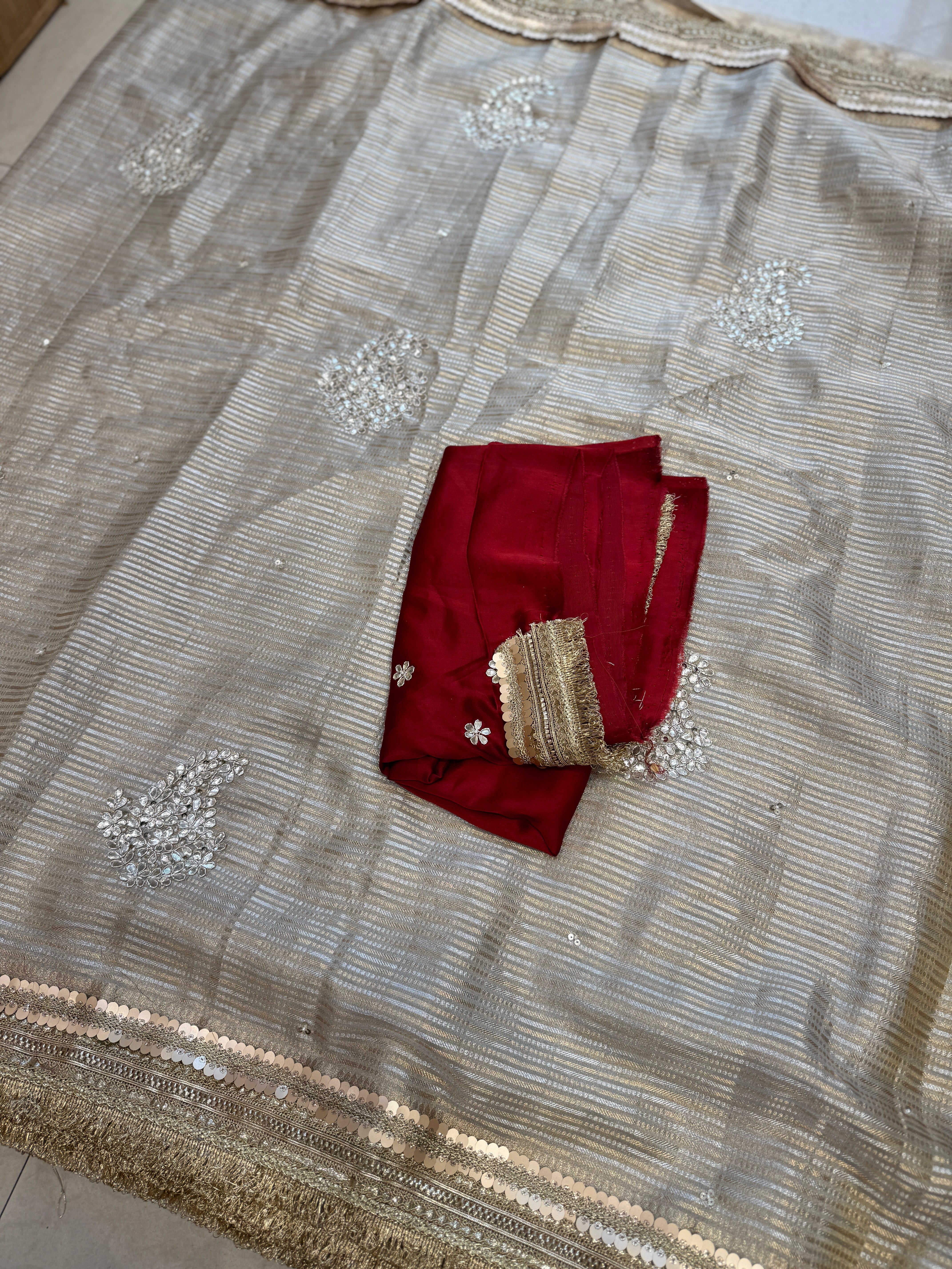 Tissue Maharani Style Gota Zardosi Hand Embroidery Butta Saree