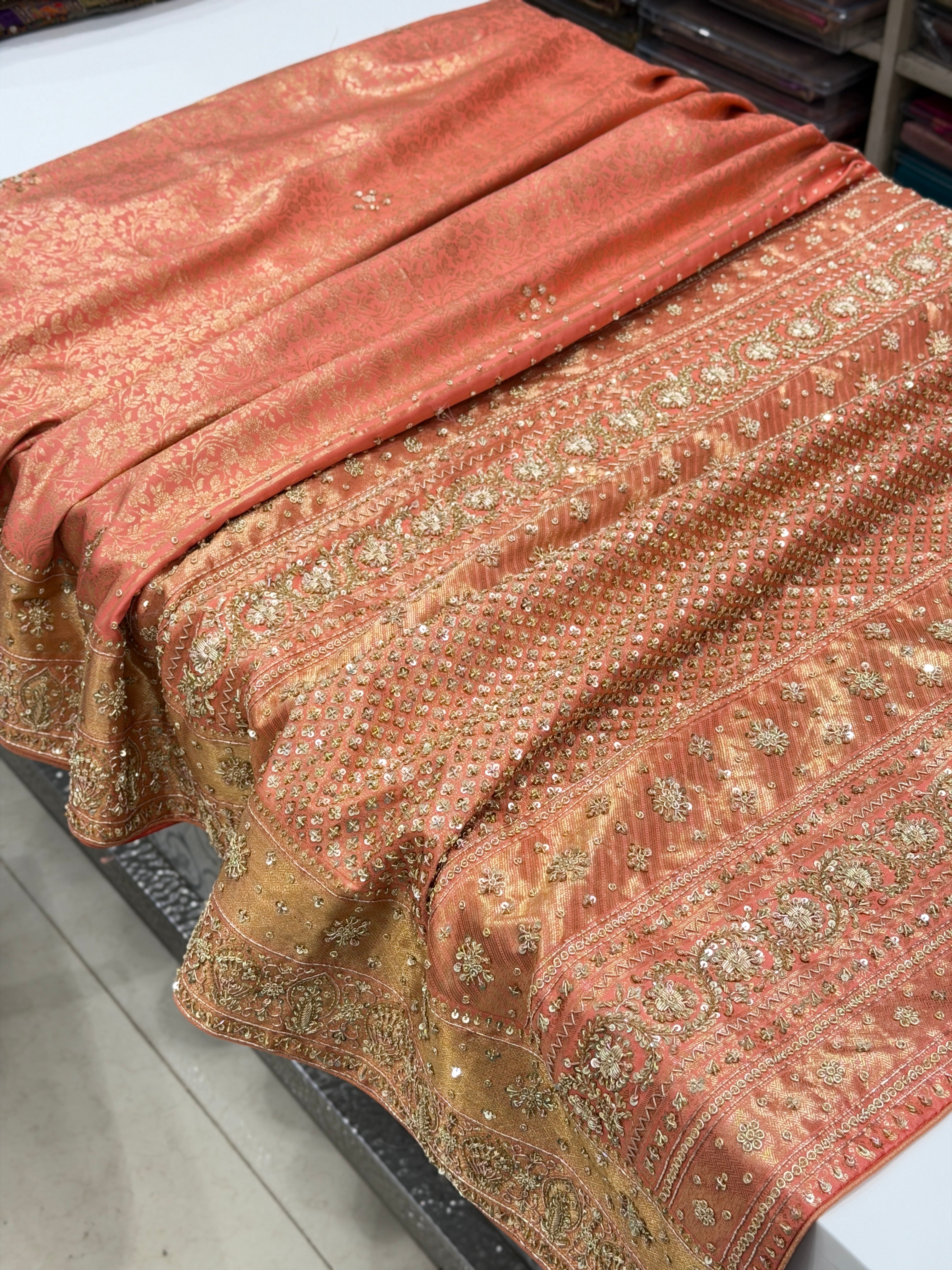 Pastel Peachish Pink Kanjivaram Zardosi Hand Embroidery Saree