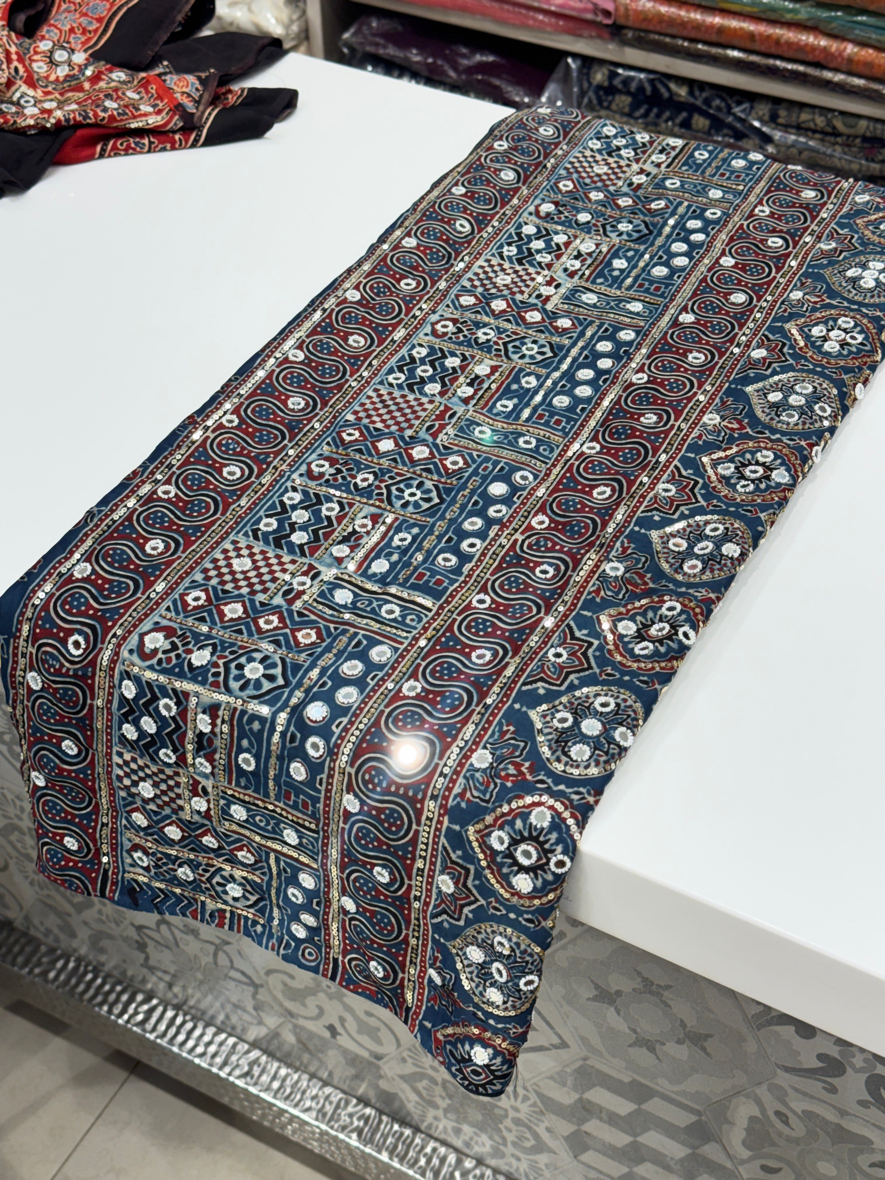 Blue Ajrakh Buttis Sequin Mirror Moti Hand Embroidery Saree