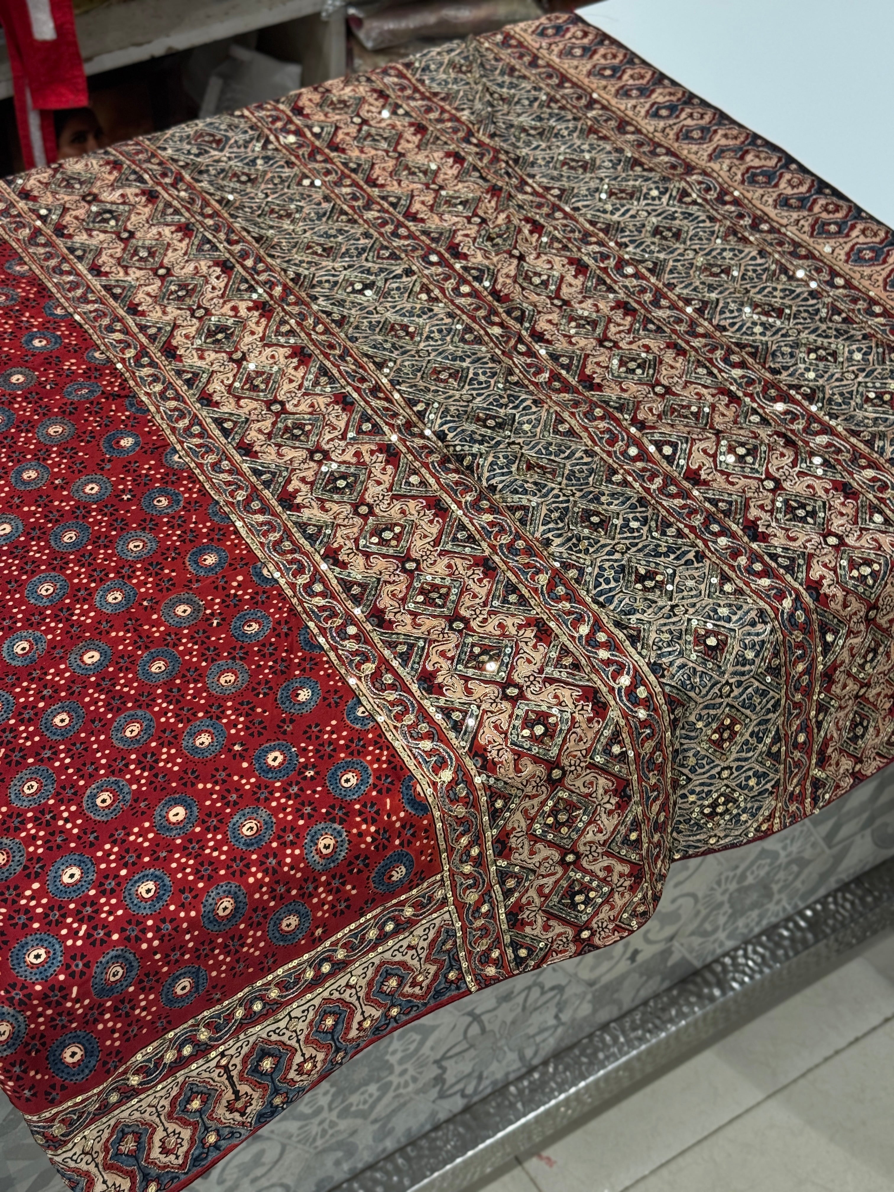 Red Blue Buttis Pita Zardosi Sequin Ajrakh Hand Embroidery Saree